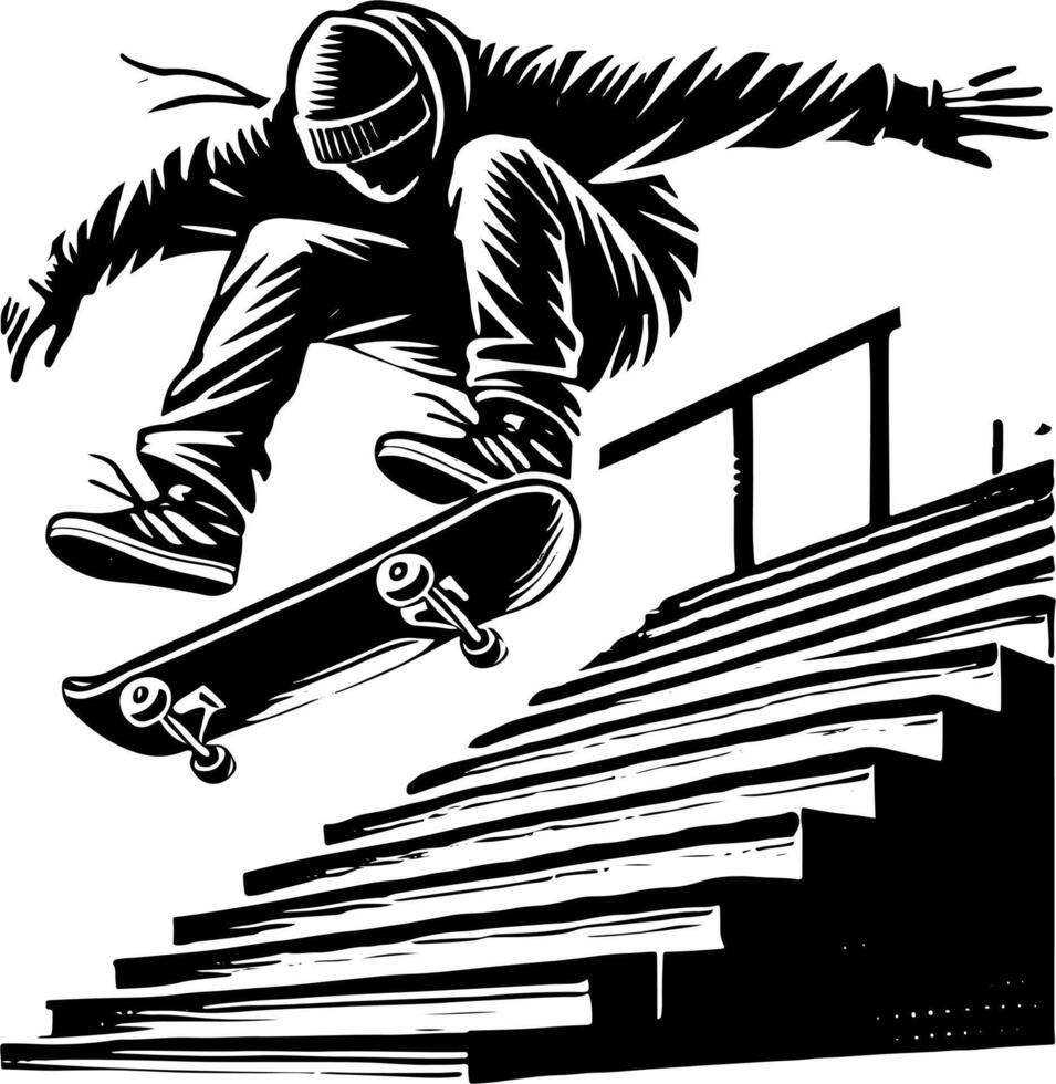 Skateboarder Doing A Flip Trick Down A Set Of Stairs, Black And White Skateboard Silhouette vector
