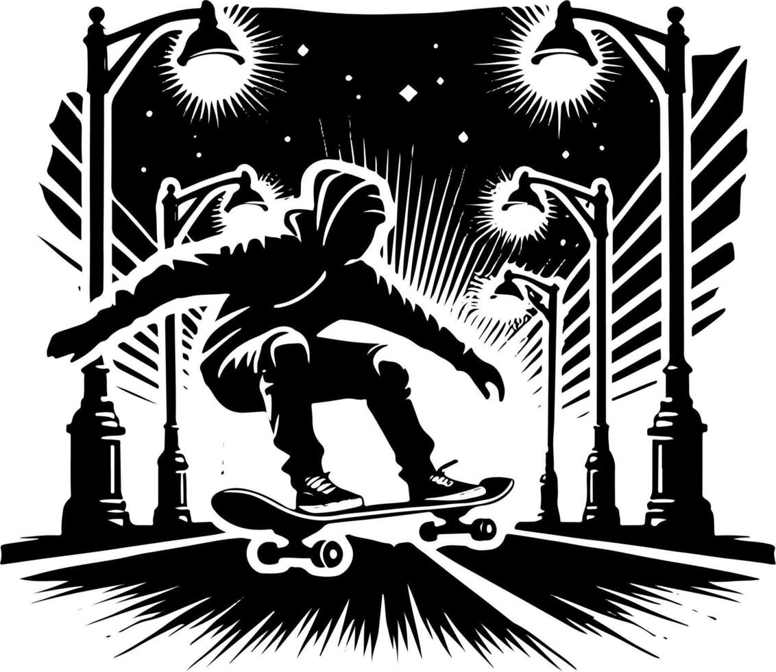 Skateboarder Doing A Board Slide On The Street, Black And White Skateboard Silhouette vector