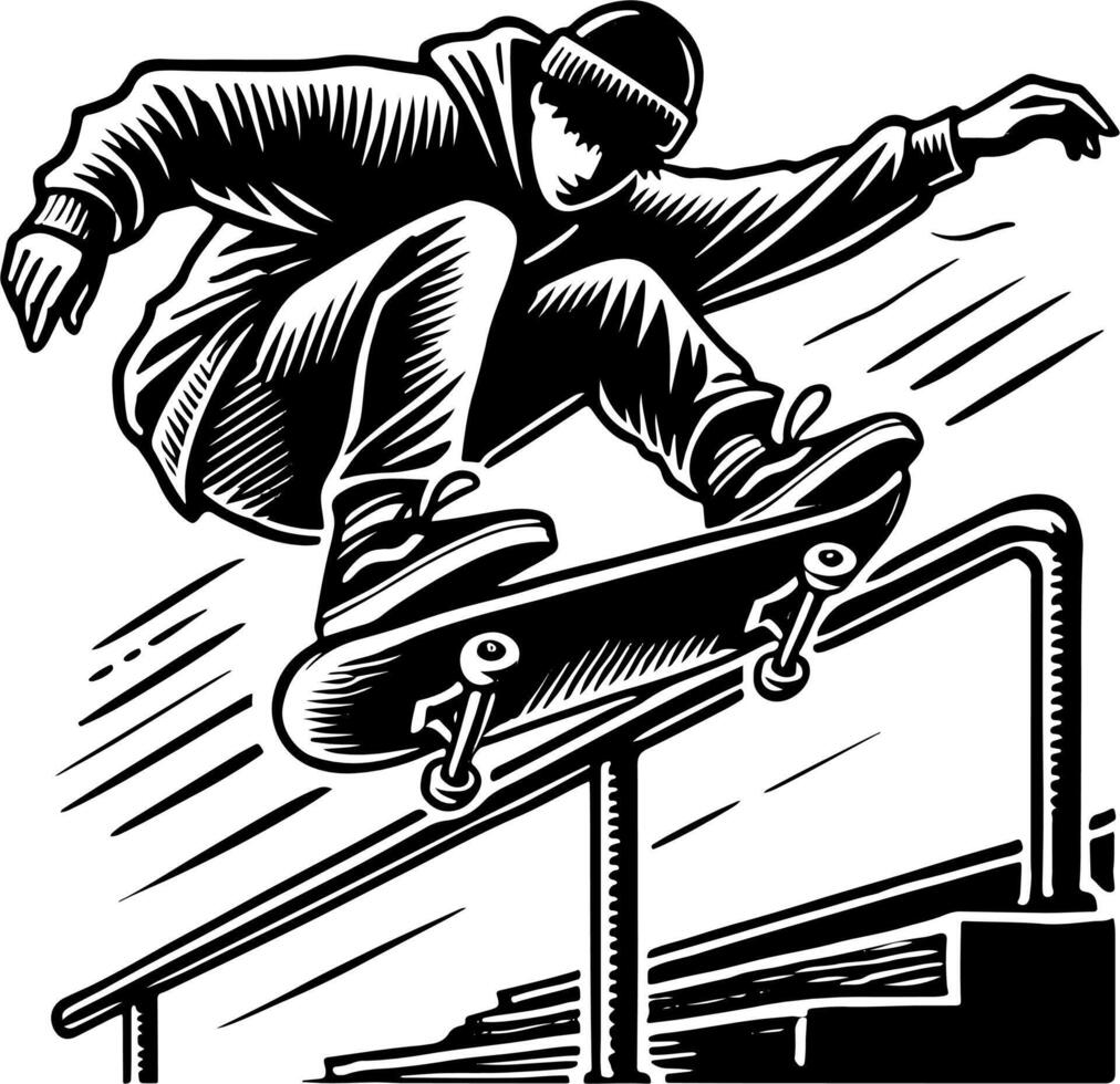 Skateboarder Performing A Grind On A Rail, Black And White Skateboard Silhouette vector
