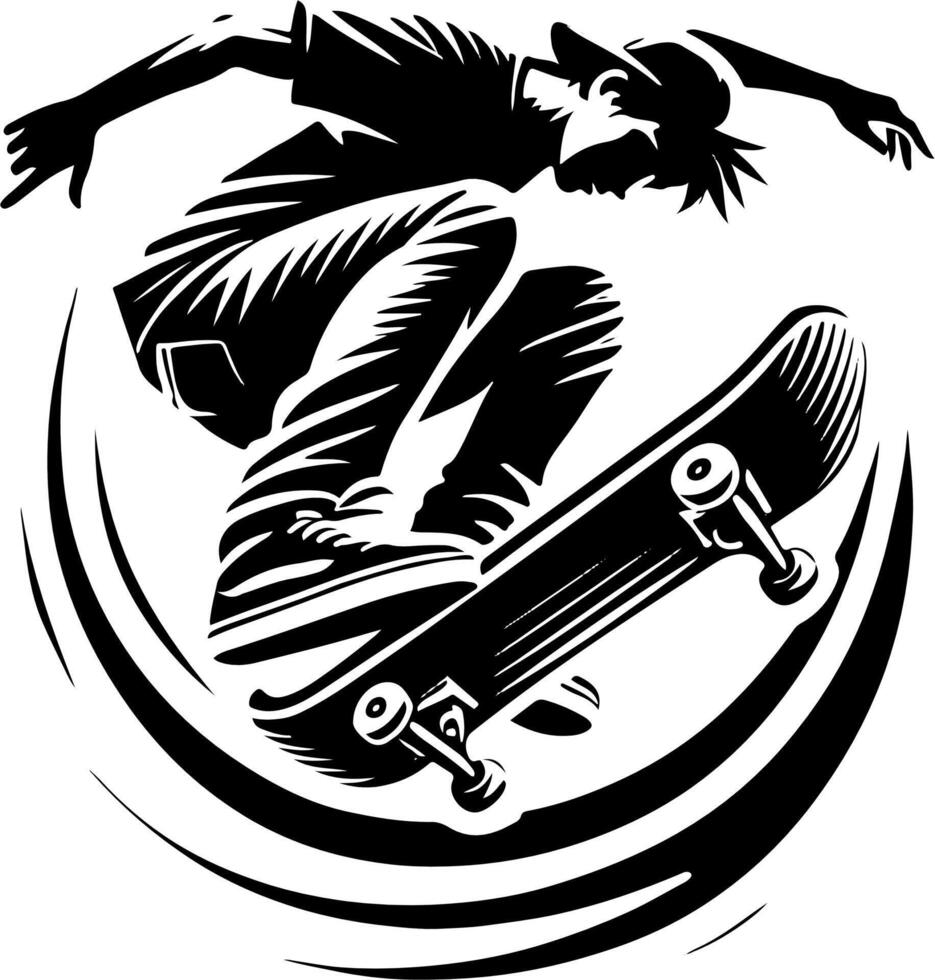 Skateboarder Performing A Flip Trick, Black And White Skateboard Silhouette vector