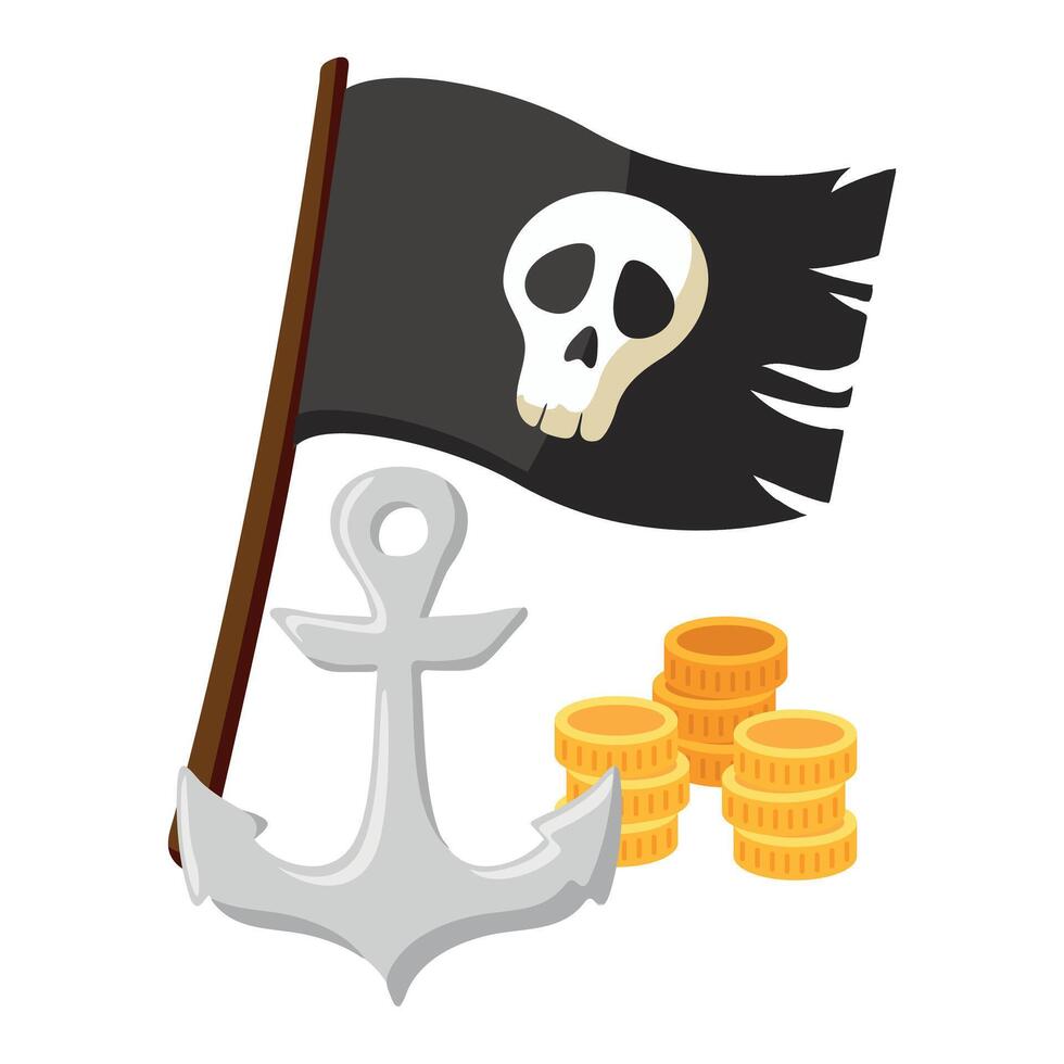 Pirate image with black skull Flag, metal Anchor and stacks of gold Coins for children book, party decoration, game and treasure hunt graphic. Buccaneer. Isolate. Flat style. Color illustration vector