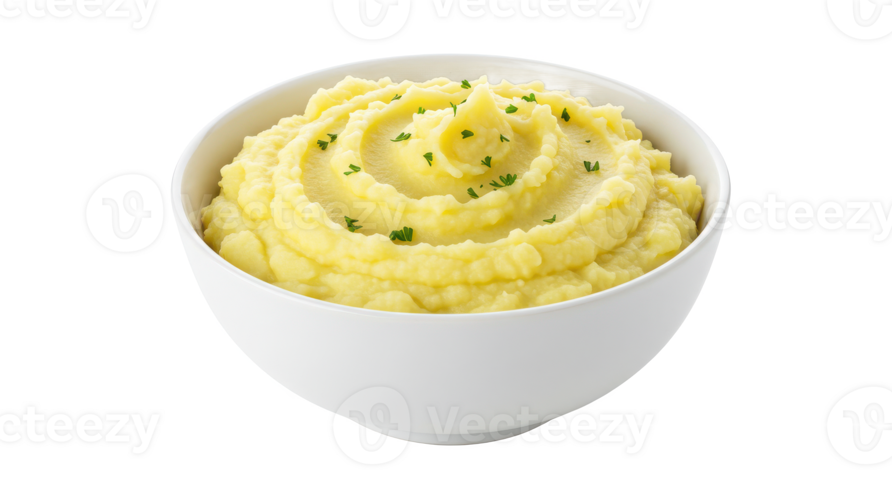 A white bowl filled with creamy mashed potatoes and garnished with fresh green parsley sprigs png