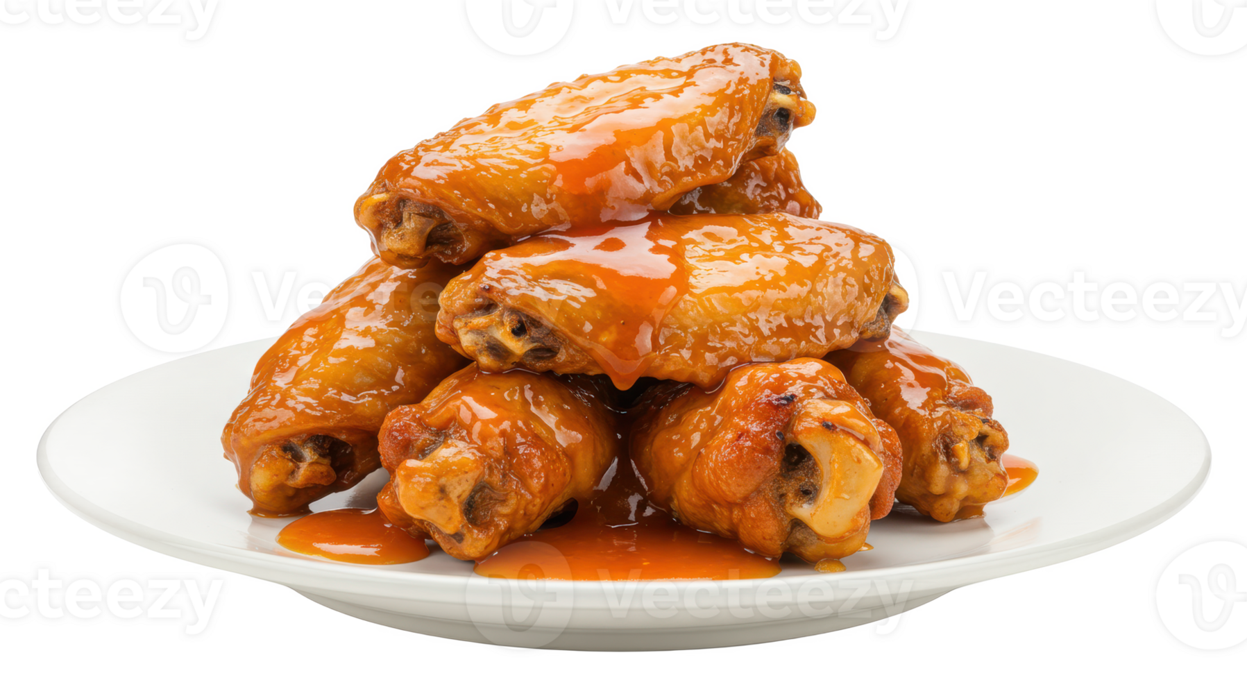 A stack of delicious chicken wings covered in a sweet and savory sauce on a white plate isolated png