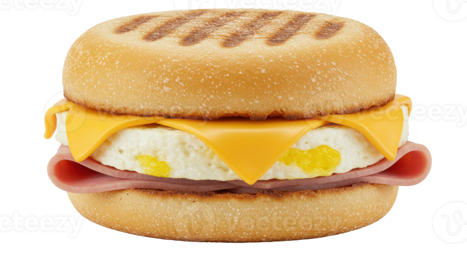 A close up shot of a breakfast sandwich with egg cheese and ham on a toasted english muffin png