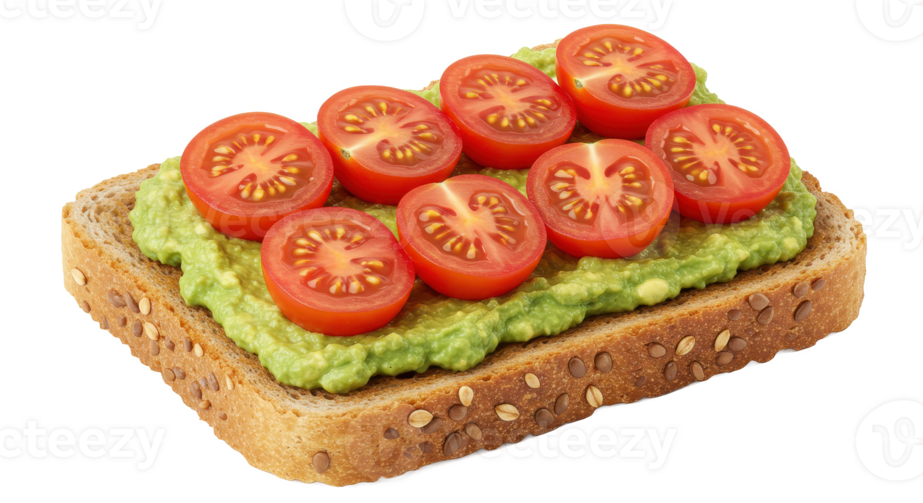 A slice of whole wheat bread topped with avocado and sliced tomatoes for a healthy snack option png