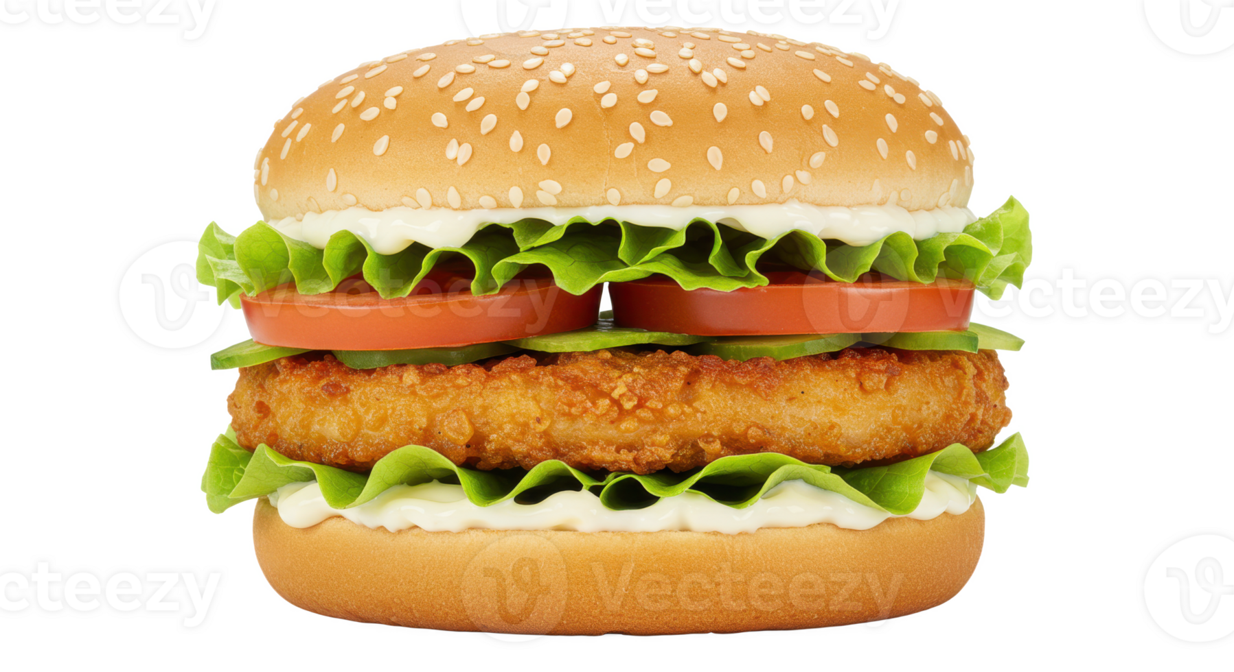A close up view of a chicken burger with lettuce tomato and sauce on a sesame seed bun isolated png