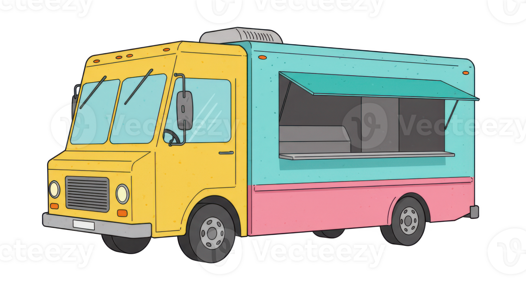 A cartoon style food truck with yellow front and teal back with a pink bottom panel png