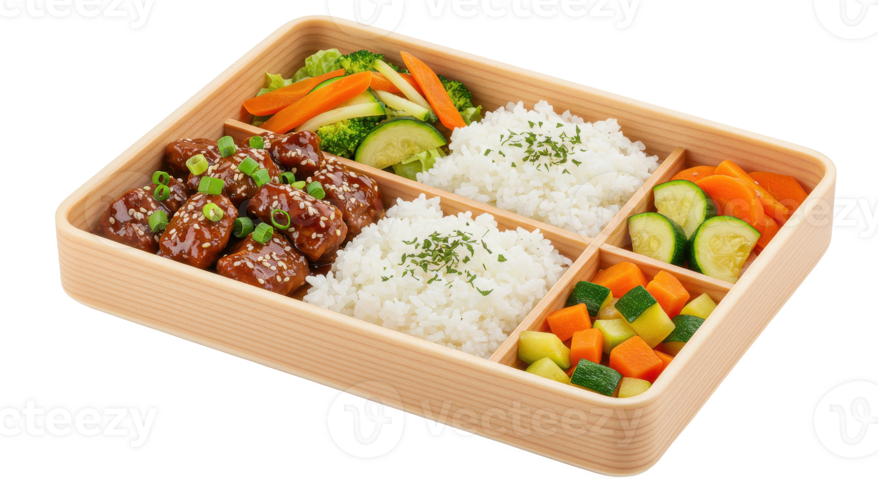 Close up of a bento box containing teriyaki meatballs rice and assorted vegetables in compartments png