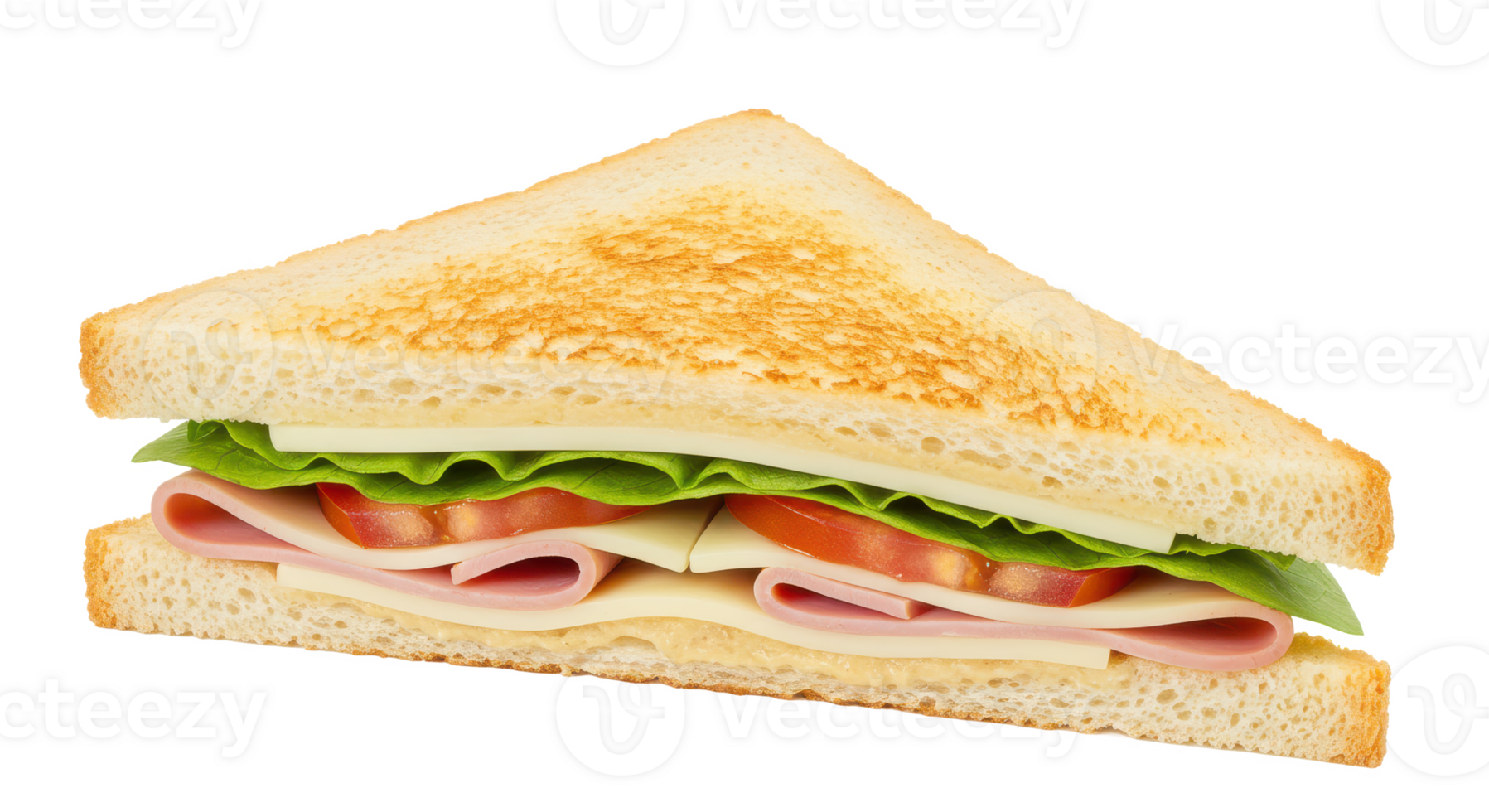 A close up shot of a sandwich with ham cheese lettuce and tomato on toasted white bread cut in half png