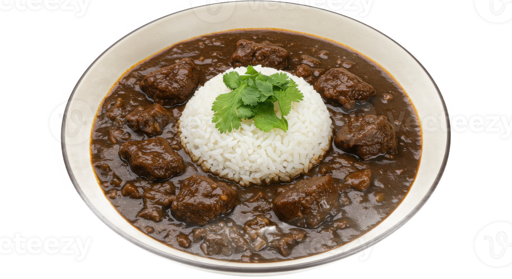 Close up of dark brown curry with meat chunks and a mound of white rice topped with cilantro leaves png