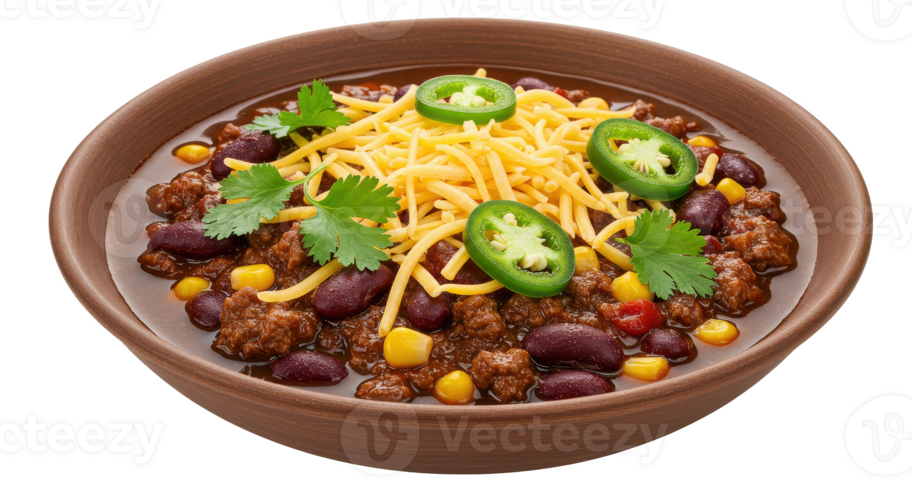 A bowl of chili with cheese, jalapenos, corn, beans and cilantro on a brown ceramic bowl dish png