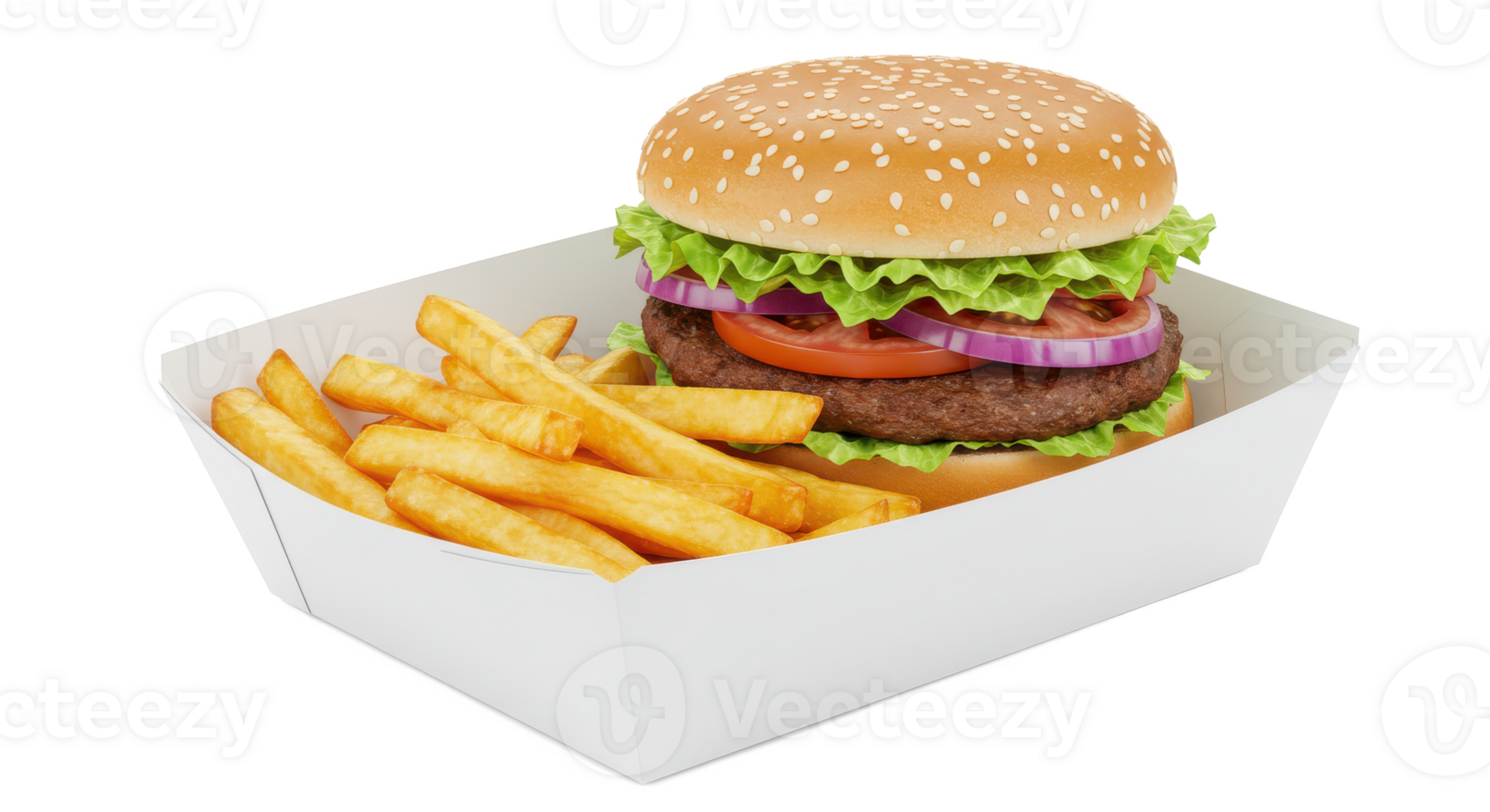 A burger with lettuce tomato and onion next to french fries in a white cardboard container tray png