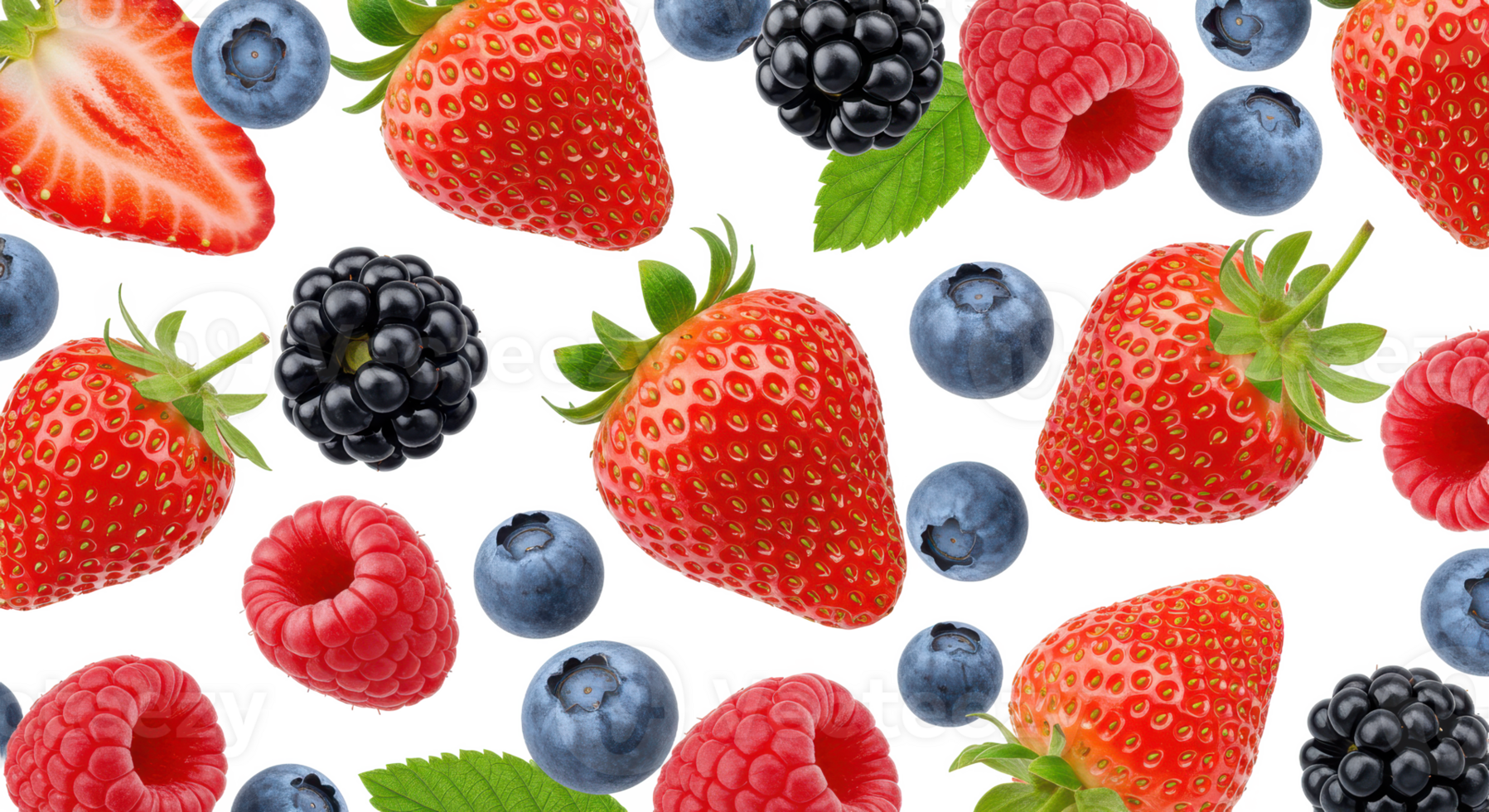 A seamless pattern of strawberries raspberries blueberries and blackberries on a transparent background png