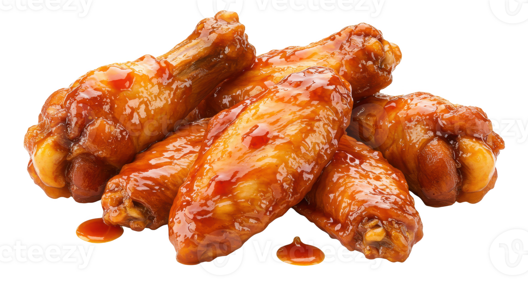 A pile of glazed chicken wings with a sticky sauce on a transparent background close up shot png