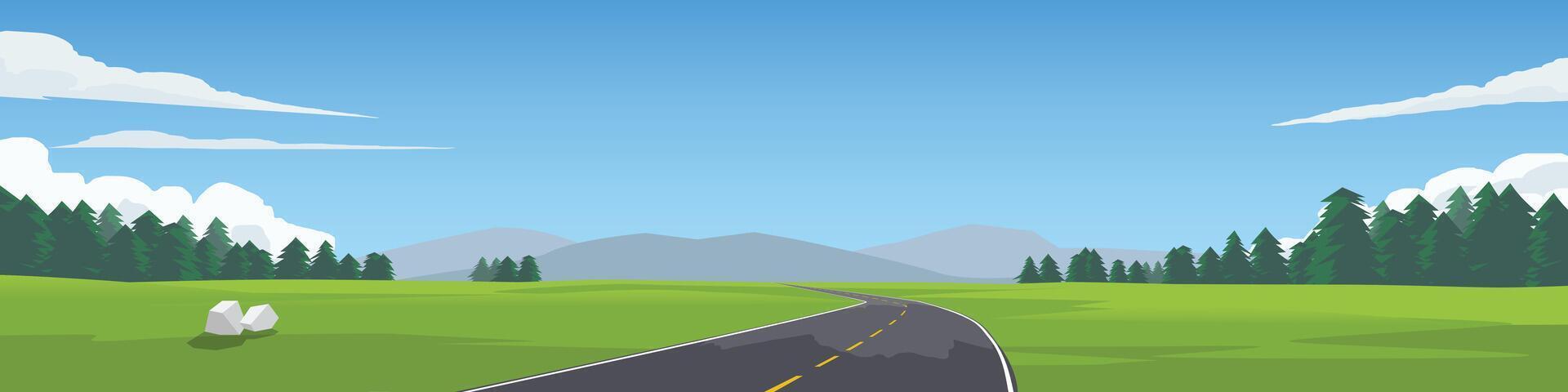 Horizontal or Landscape view illustration banner of asphalt road. Winding road leading straight to the valley. Green open fields and mountain under blue sky for background. vector