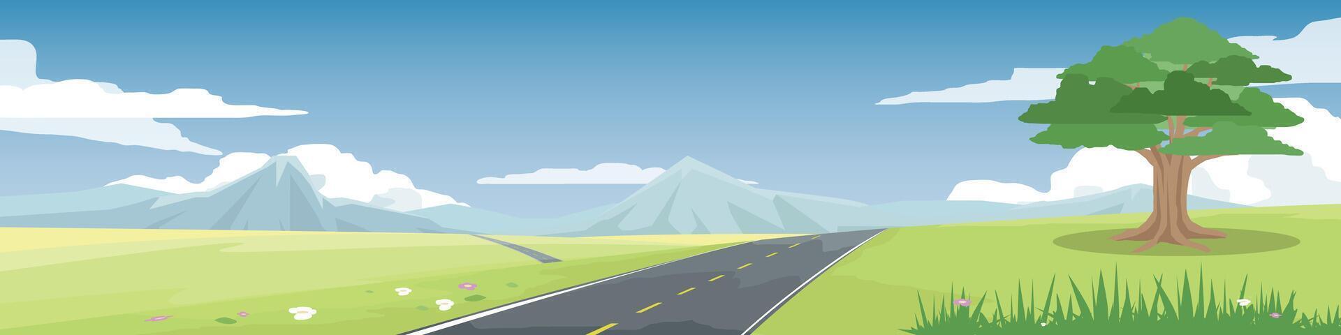 Cartoon or Illustration banner of asphalt road. Road that curves along the slope. Alone of tree on the hills. Green open fields and mountain under blue sky for background. vector