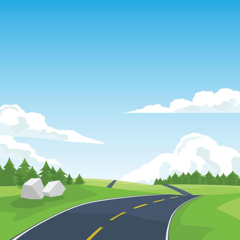 poster of square Road Trip. Winding asphalt road with a yellow center line. Passing through a vibrant green landscape with pine trees. Free space background of blue sky with white clouds. vector
