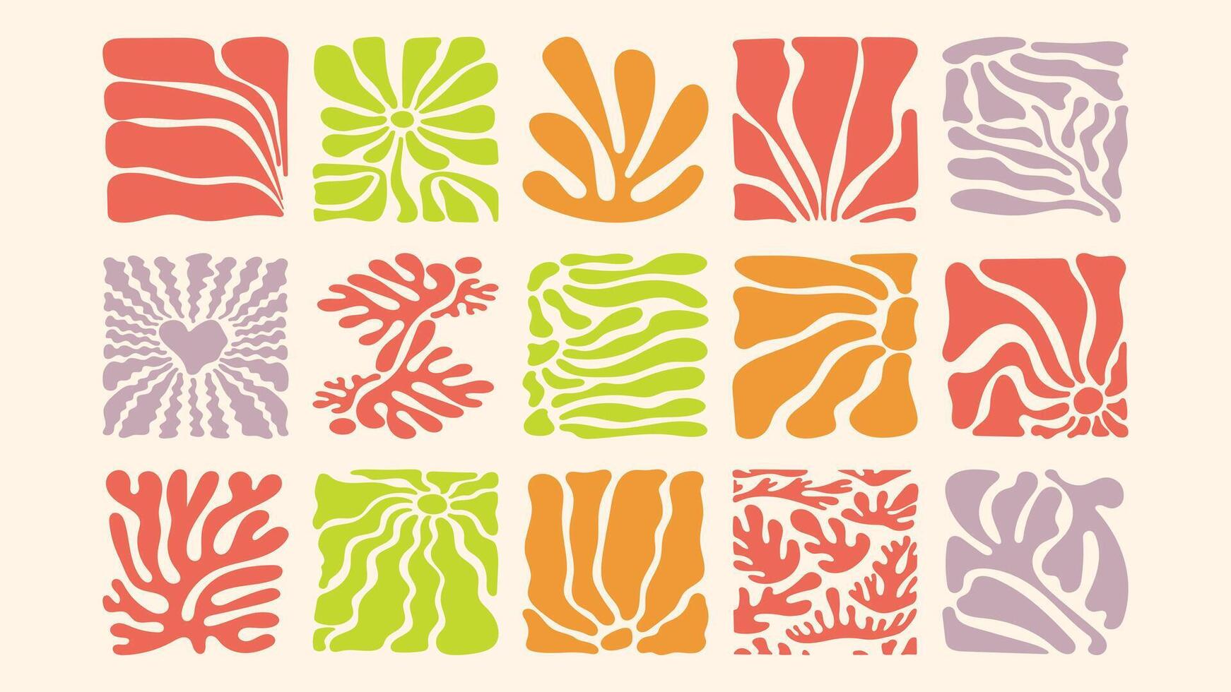 seamless pattern with groovy minimal flowers, stylized leaves and flowing lines, vintage-inspired vacation theme, surface design template vector
