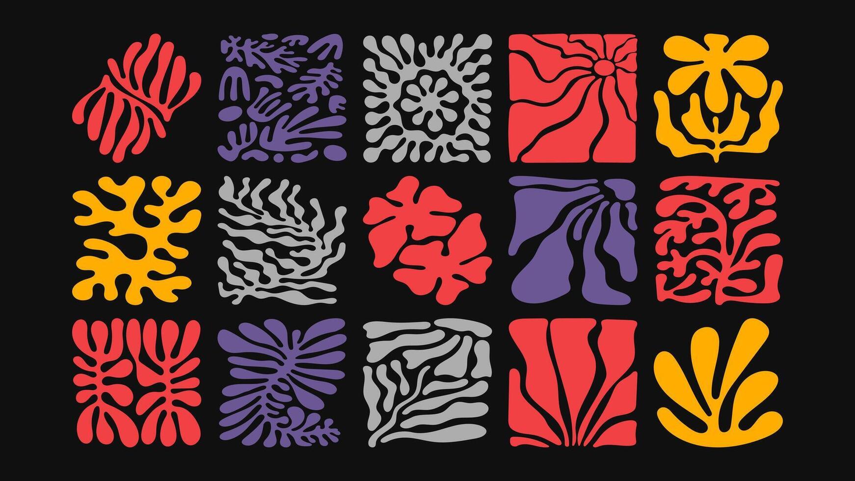 Vibrant seamless pattern with swirling florals, groovy plants and bold wave motifs, hand drawn in psychedelic 70s style for textiles and art prints. vector