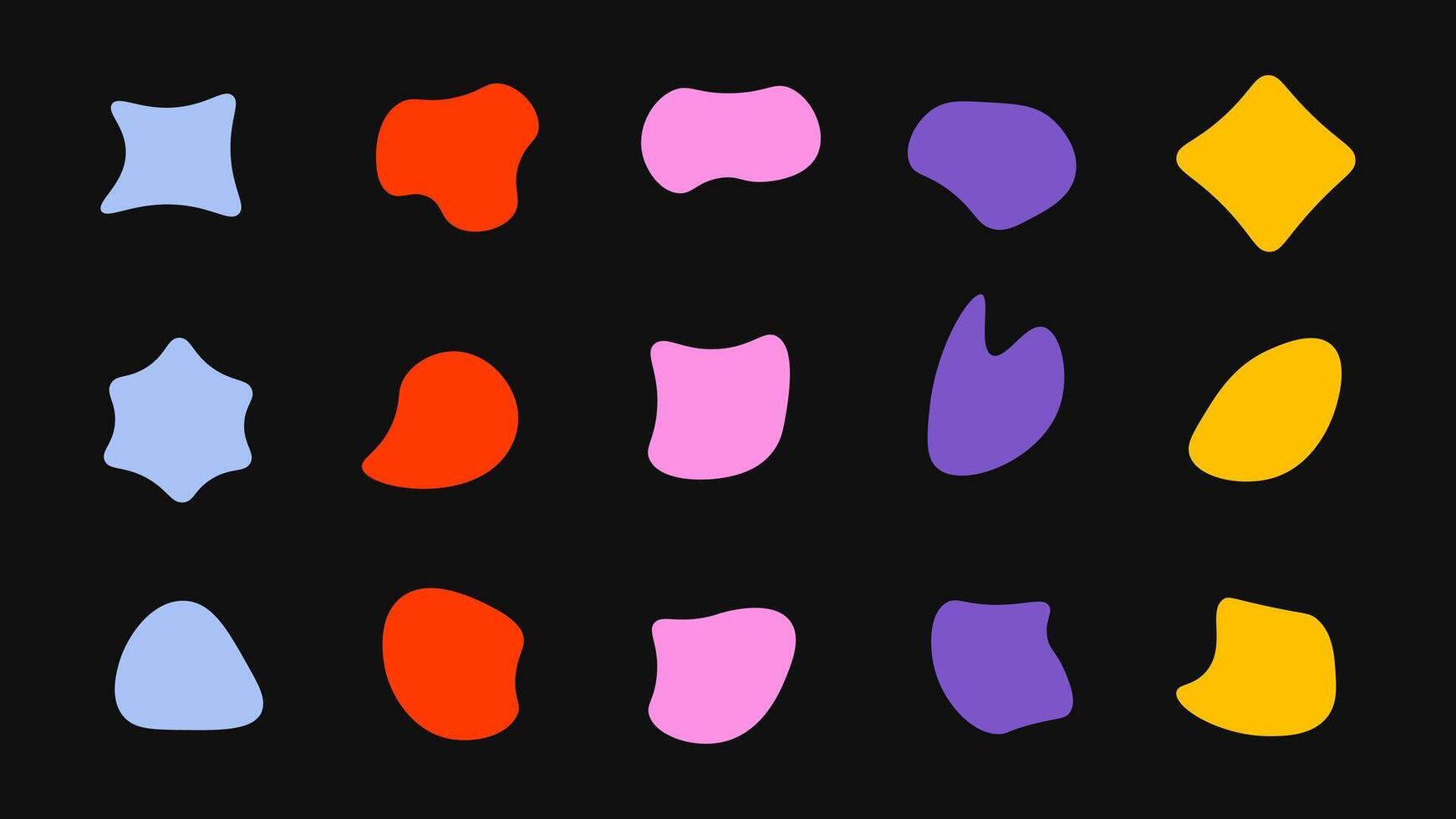 Abstract set. Quirky funky shape elements. contemporary colorful Y2K shapes. Free form sticker design elements. Liquid vibrant abstract on black background. Organic freeform pattern vector