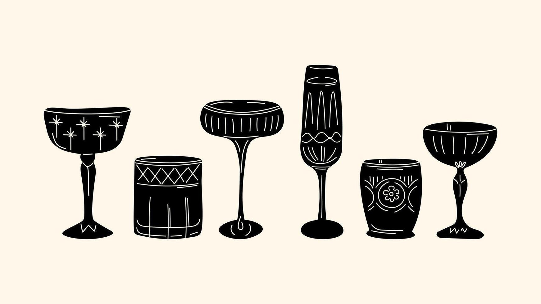 Funky retro cocktail set vibrant cartoon-style drinks in hand-sketched hippie glasses vector