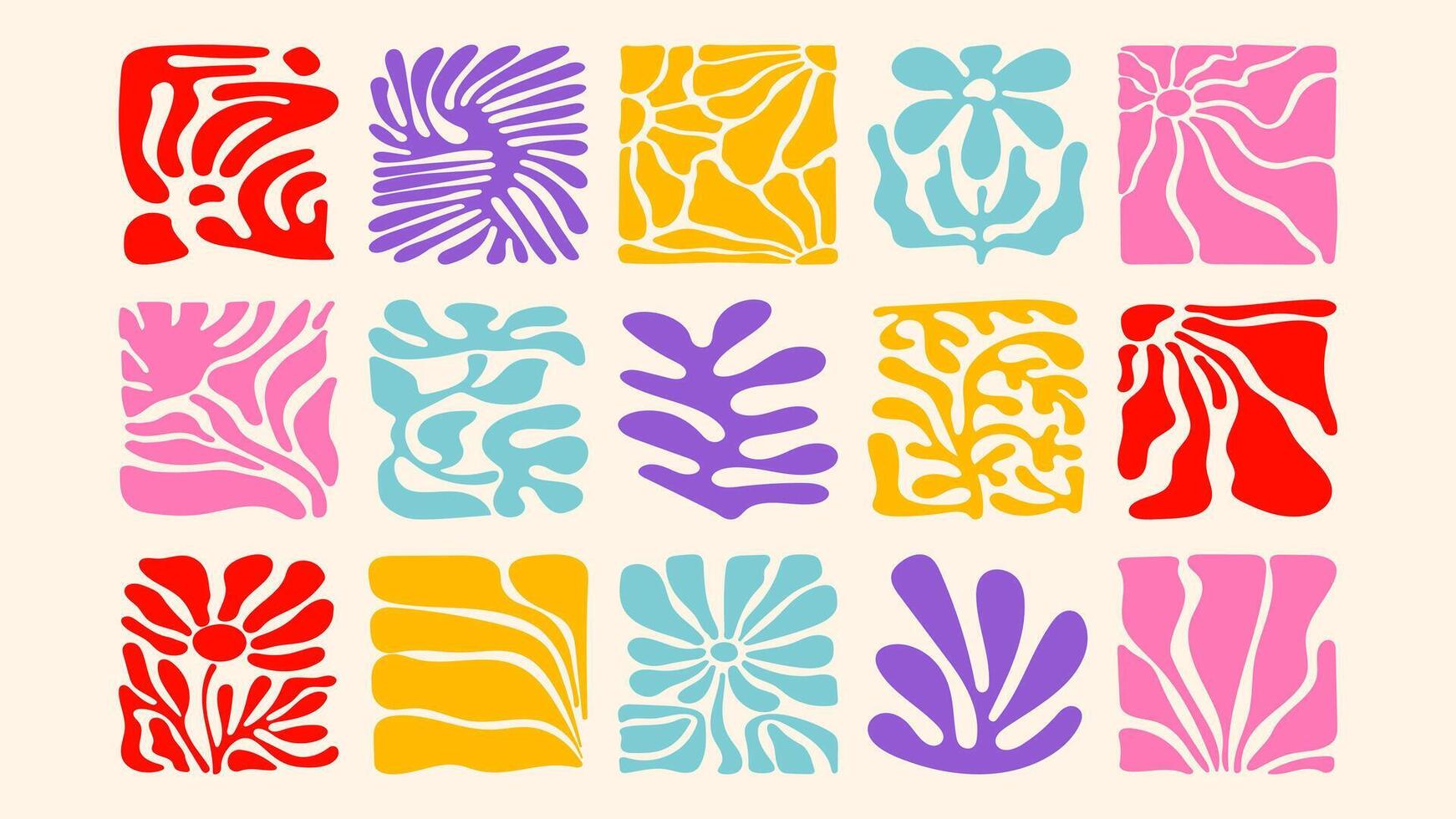 seamless with wavy florals, tropical plants and funky shapes, hand drawn style, modern and fresh surface pattern design vector