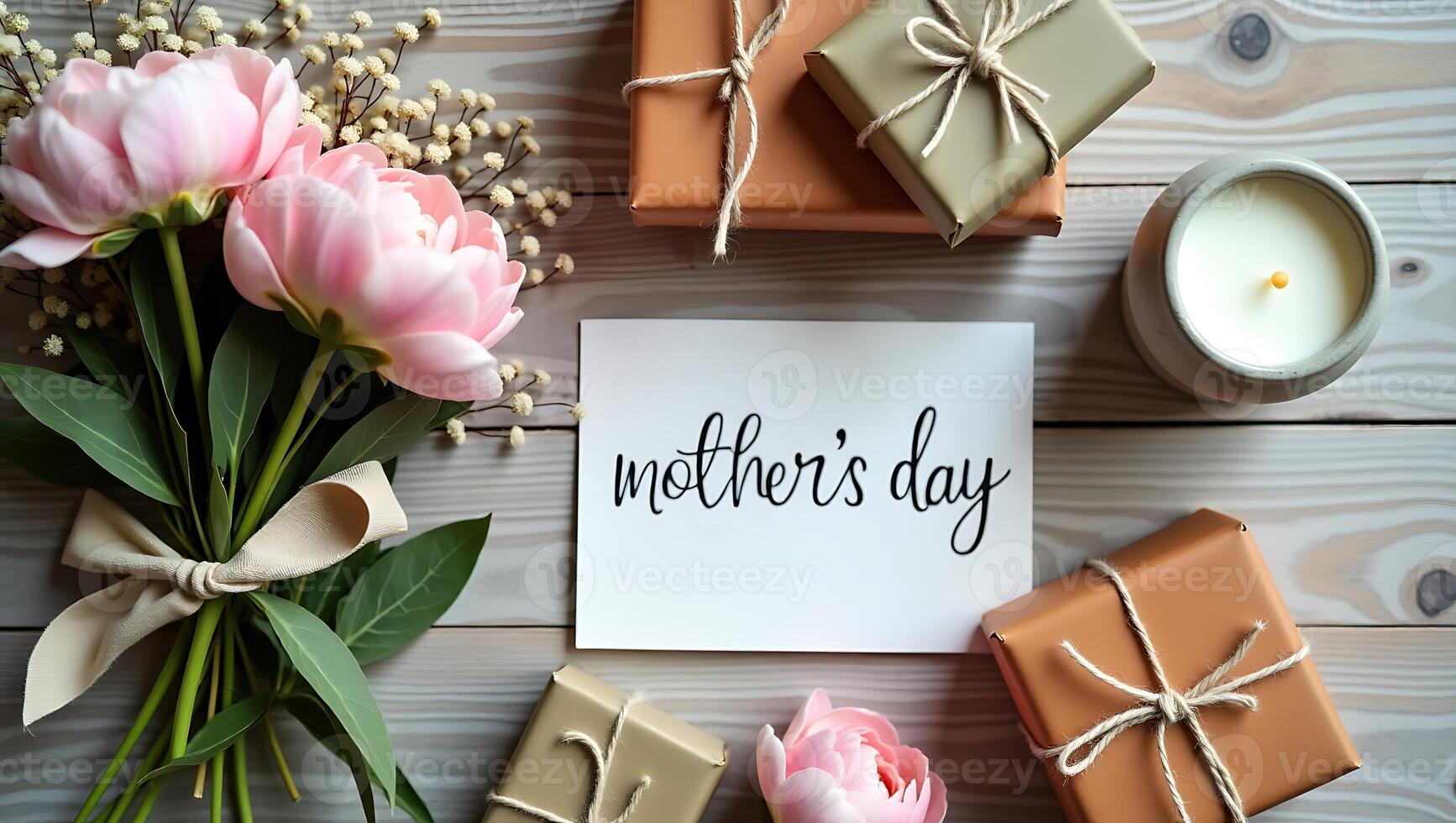 Mother's day card with flowers and gifts on wooden background photo