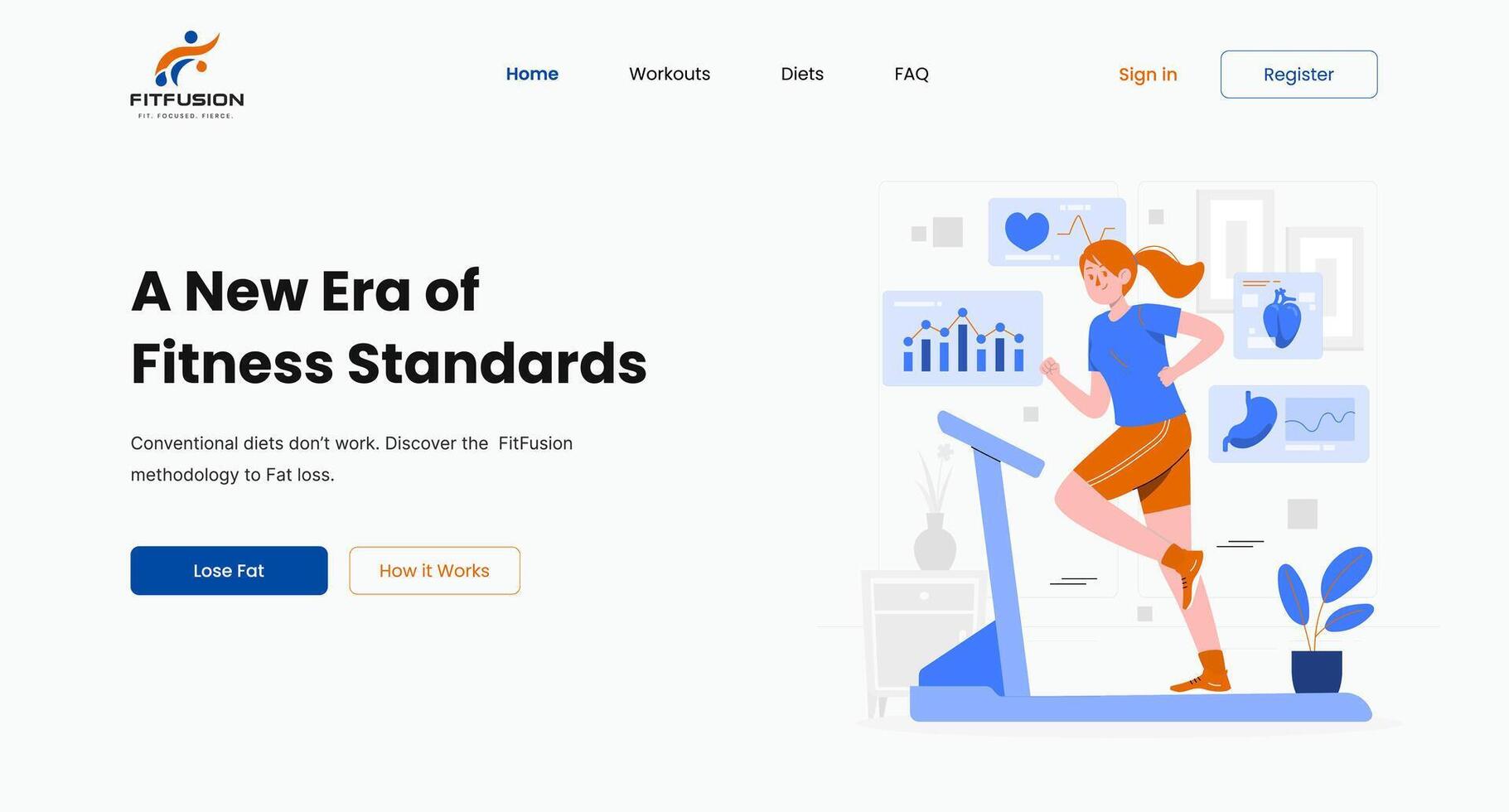 Modern Fitness Web UI Design Female Workout on Treadmill Landing Page vector