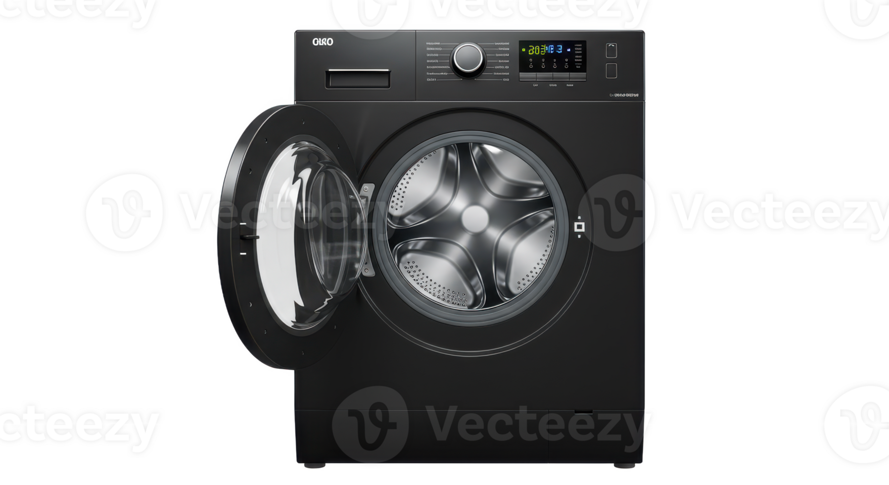 A front view of a black washing machine with an open door showcasing the stainless steel drum inside png