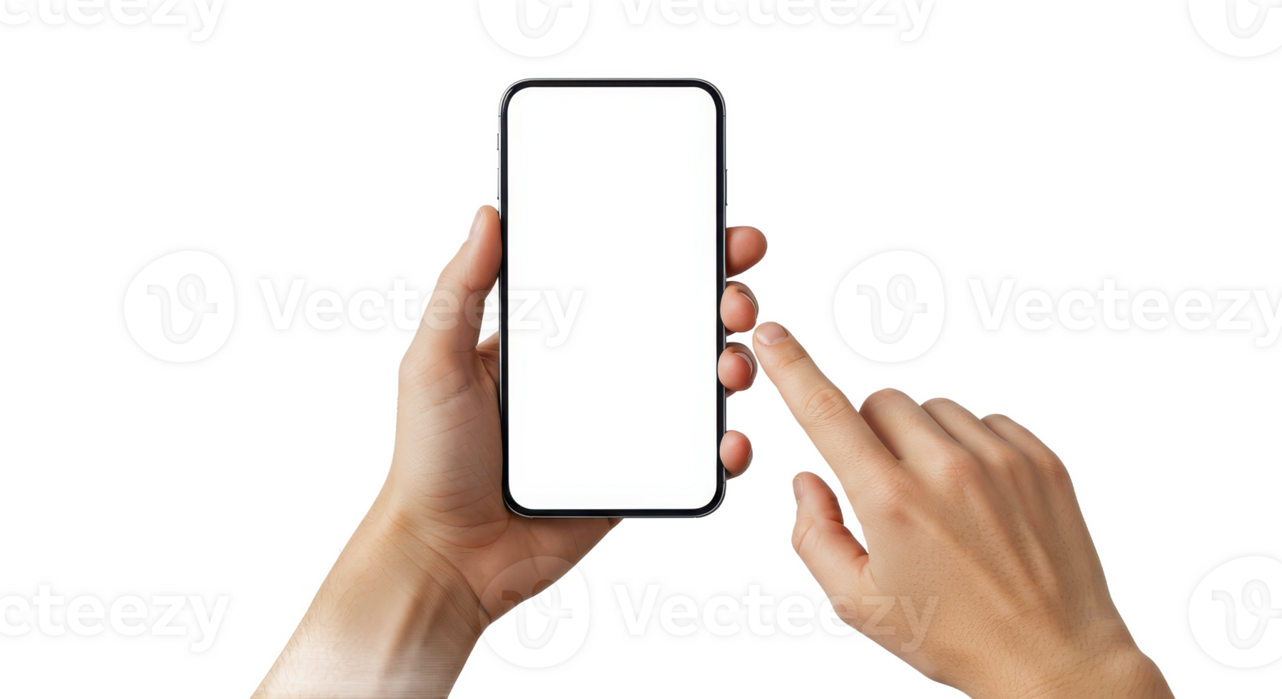 Hands holding a smartphone with a blank white screen ready for content and a finger about to tap it png