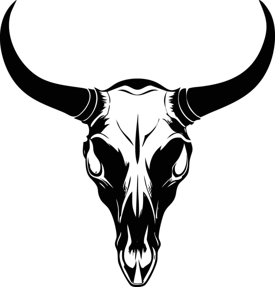 Intricate monochrome portrays a stylized bull skull with prominent horns against a plain backdrop vector