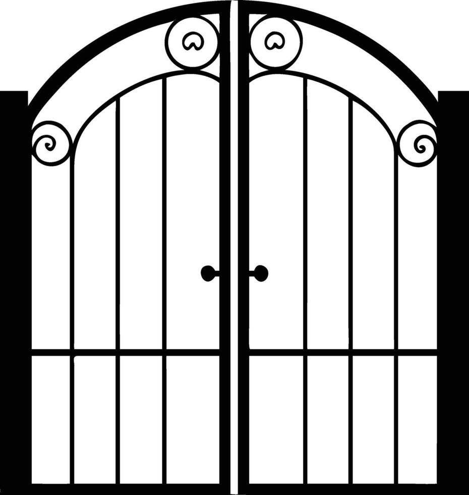 Intricate black iron gate features a beautiful arched top and classic scroll details vector