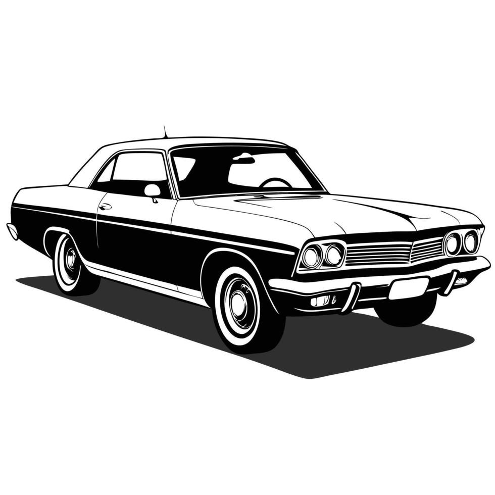 Monochrome classic muscle car illustration shows a powerful vintage vehicle with a bold outline vector