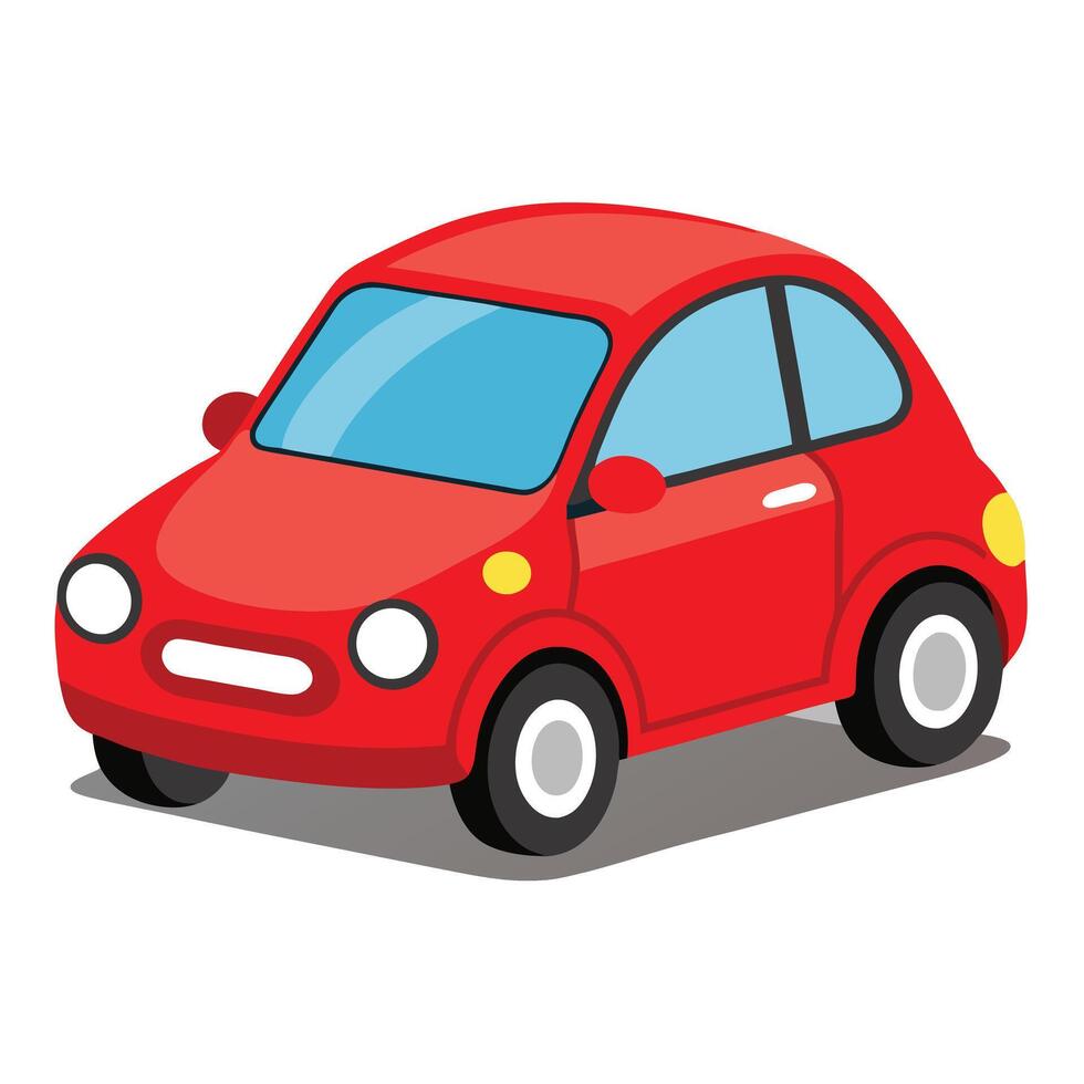 Cartoon depiction shows a compact red car with round headlights and blue windows vector
