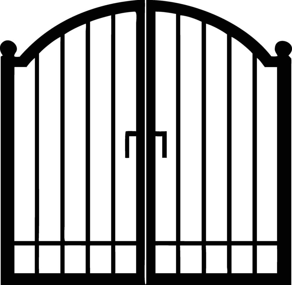 Ornamental gate is closed with arched frame and ball finials in black silhouette vector