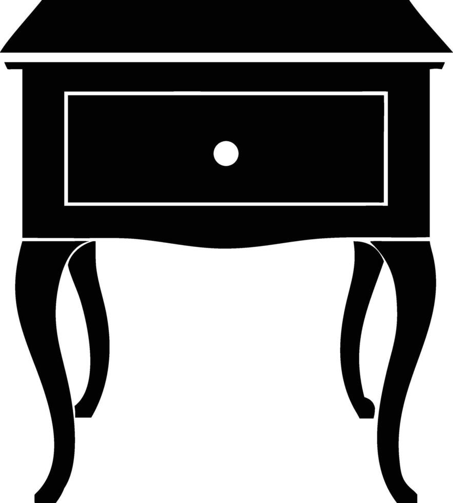 The black silhouette presents an antique end table with a single drawer and curved legs vector