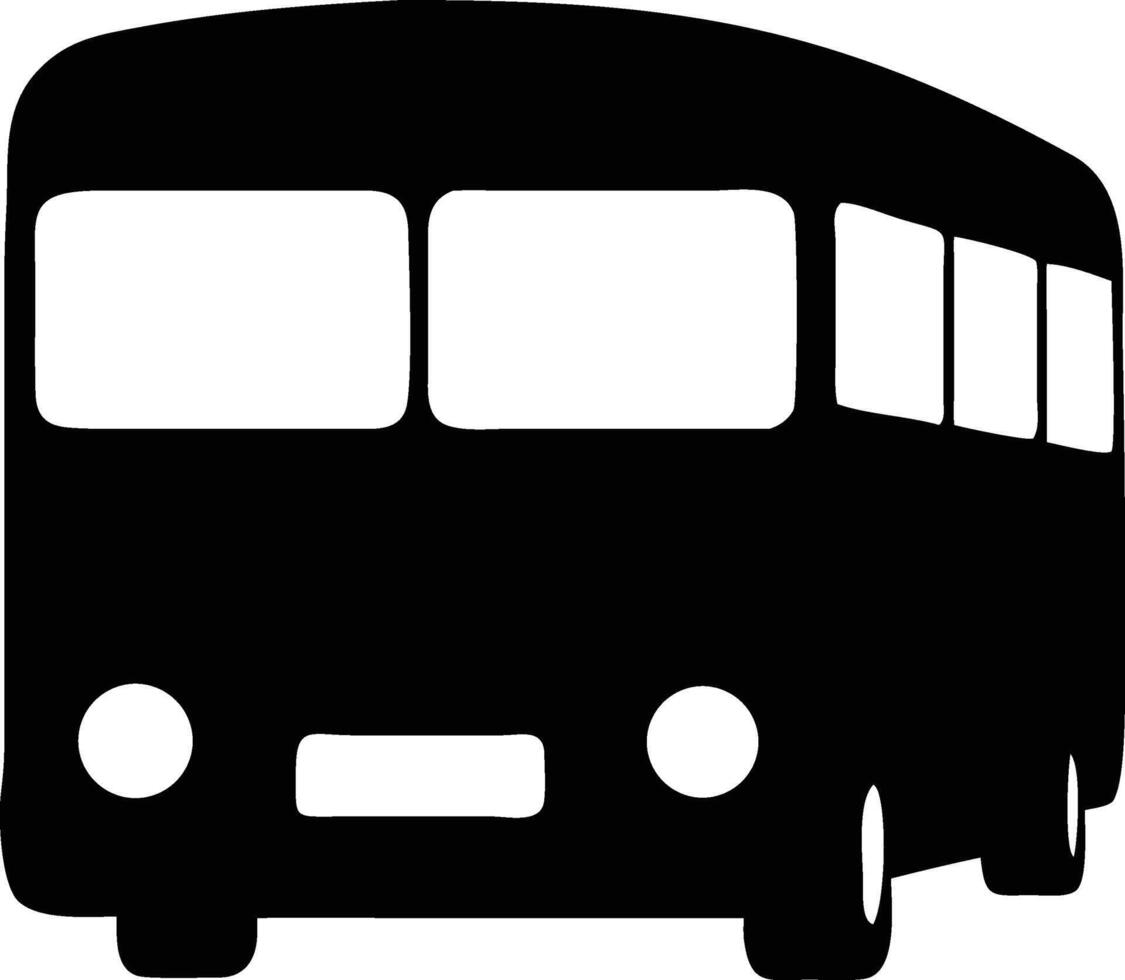 The solid black bus icon showcases its prominent front windows and tires in detail vector