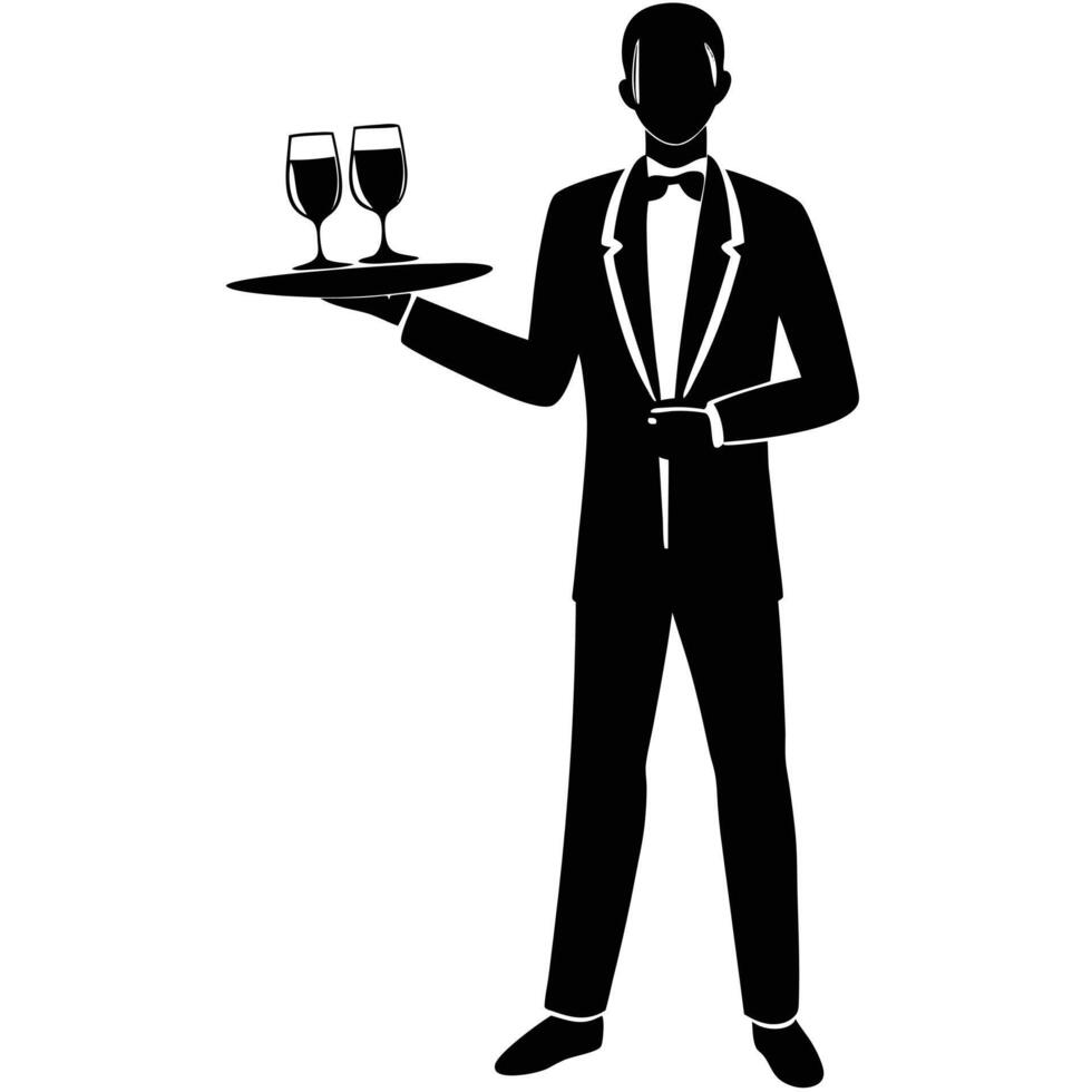 Black Silhouette of Waiter with Tray Holding Champagne Glasses vector