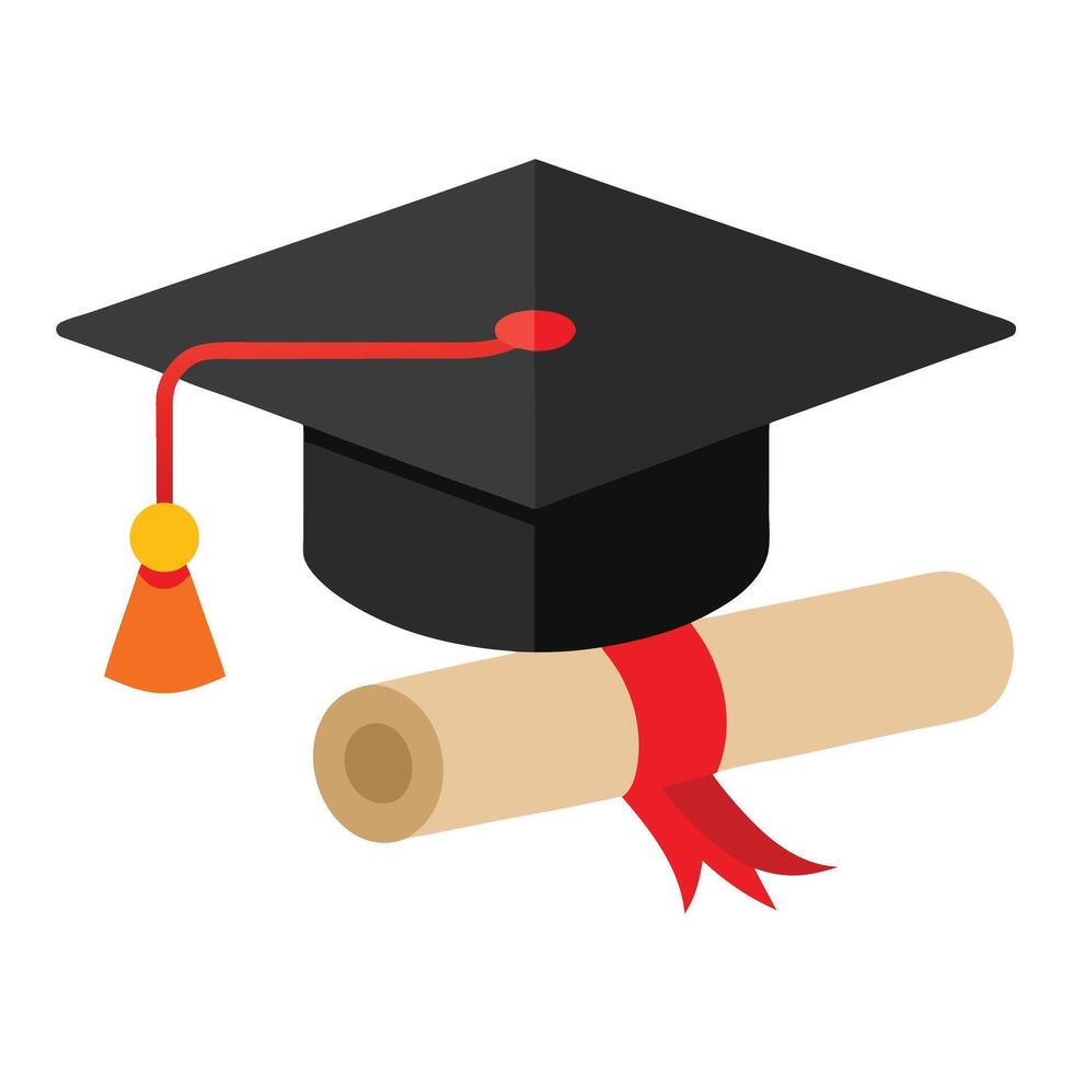 Graduation Cap and Diploma with Red Ribbon vector