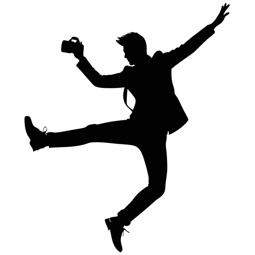 Joyful Asian Man Silhouette Holding Camera Leaping in Air vector