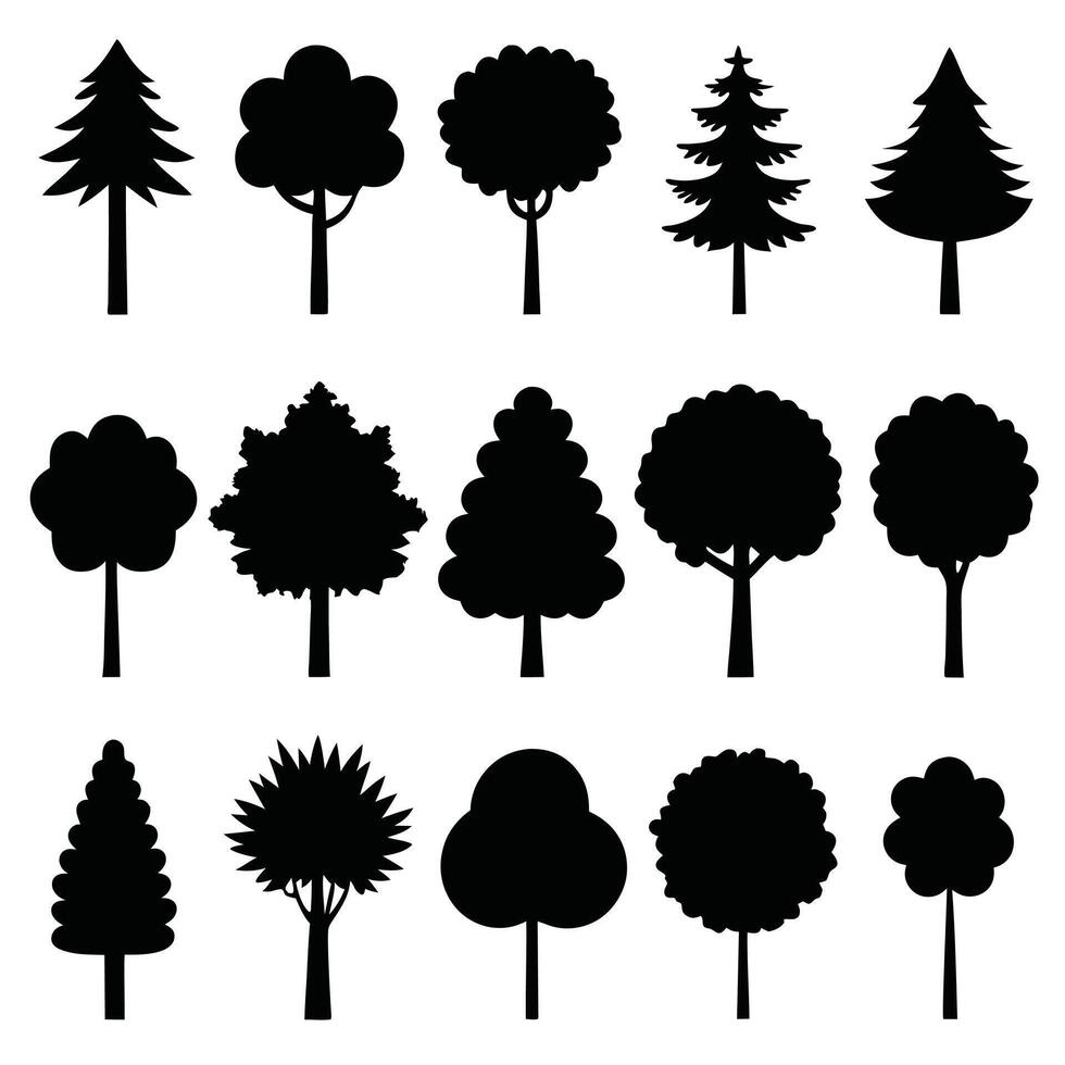 Fifteen Black Tree Silhouettes, Assorted Shapes vector