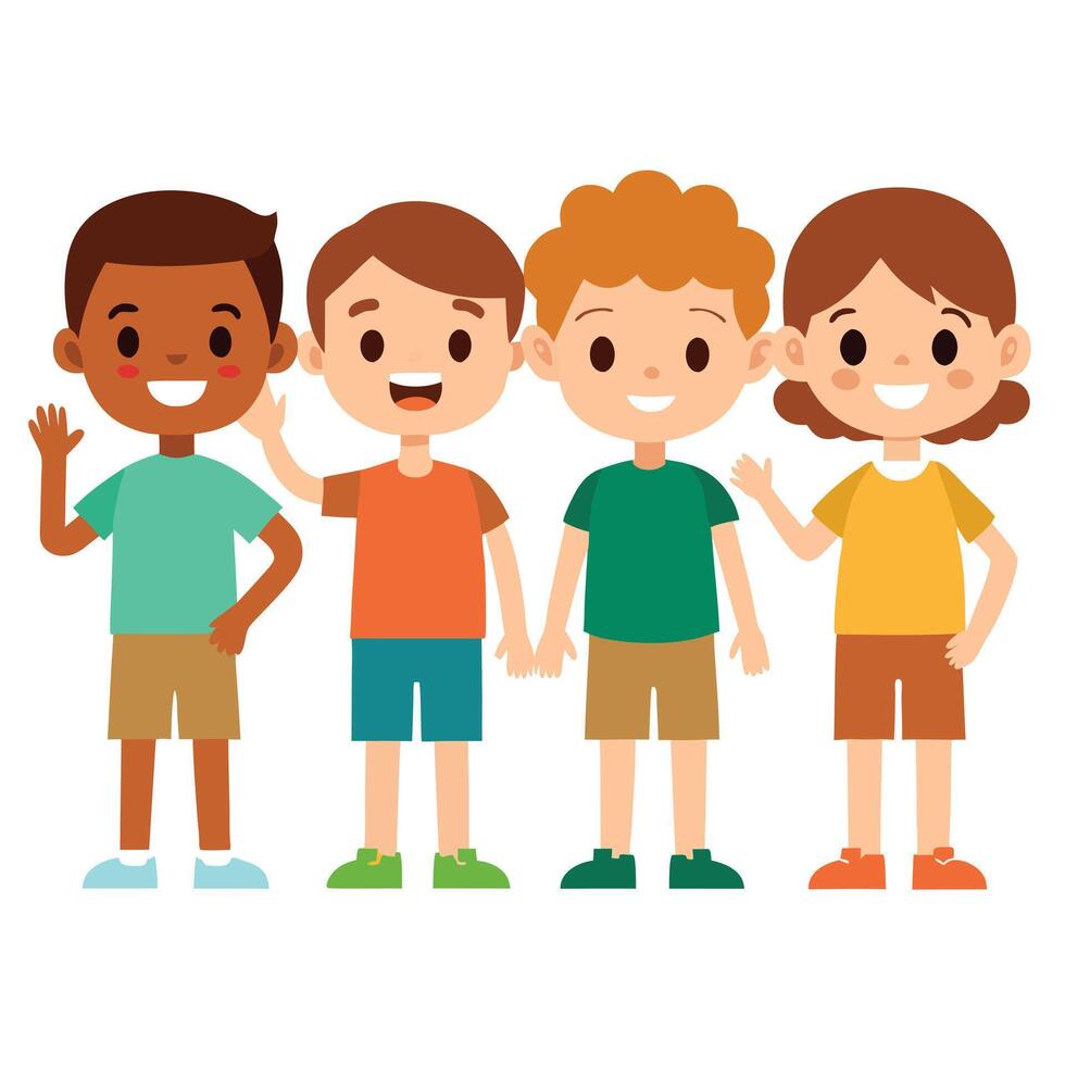 Flat Cartoon Cheerful Diverse Kids Holding Hands and Waving vector
