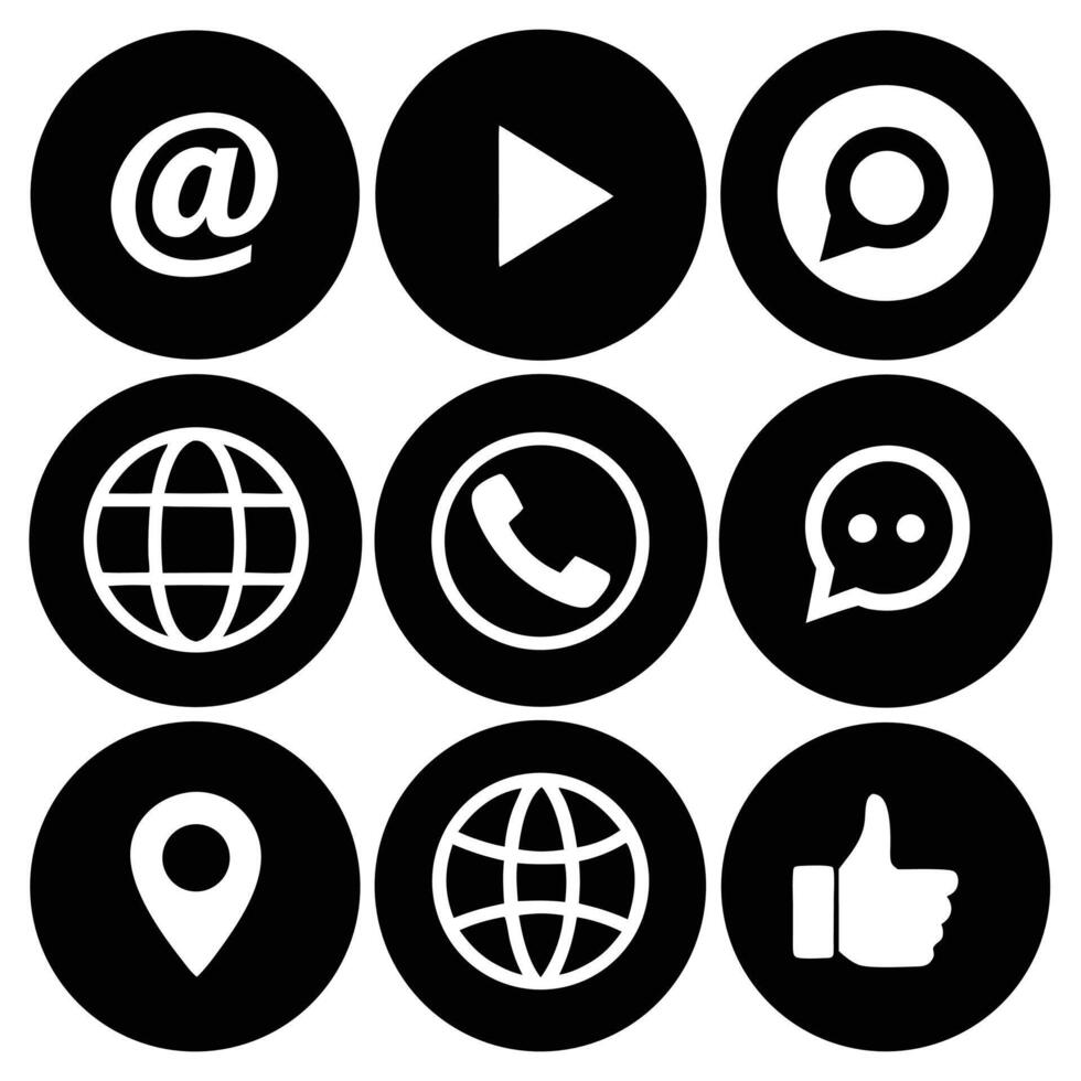 Black Circle Icon Set with Email, Play, Chat, Globe vector