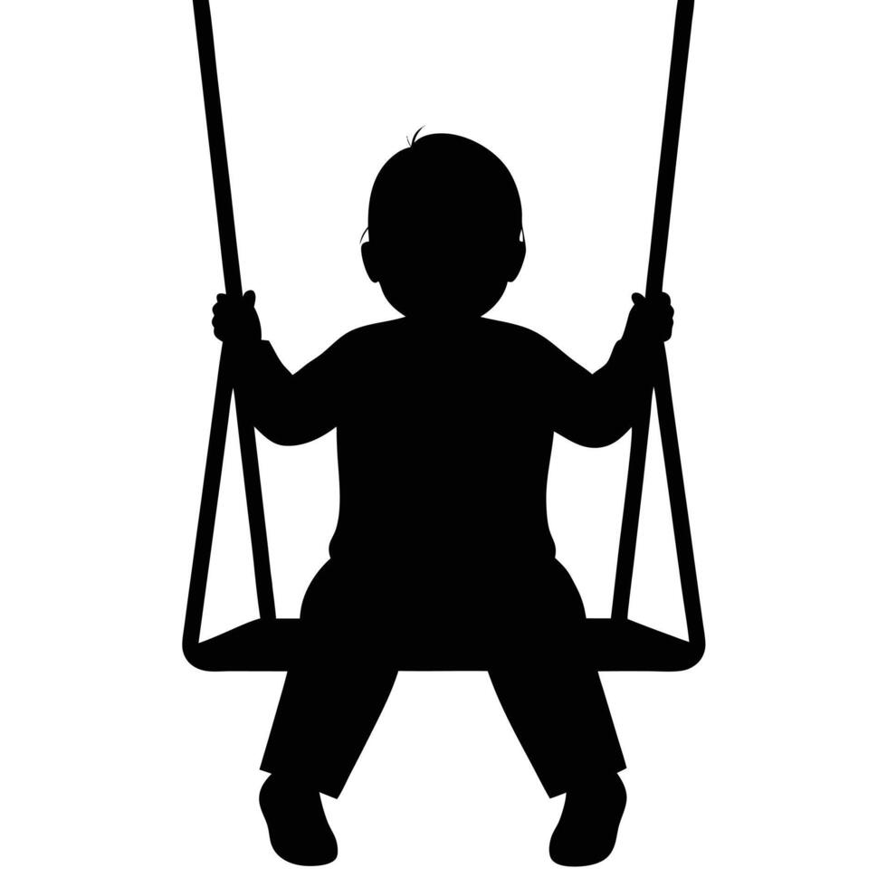 Black Silhouette Toddler Playing, Sitting On Swing, Holding Ropes vector