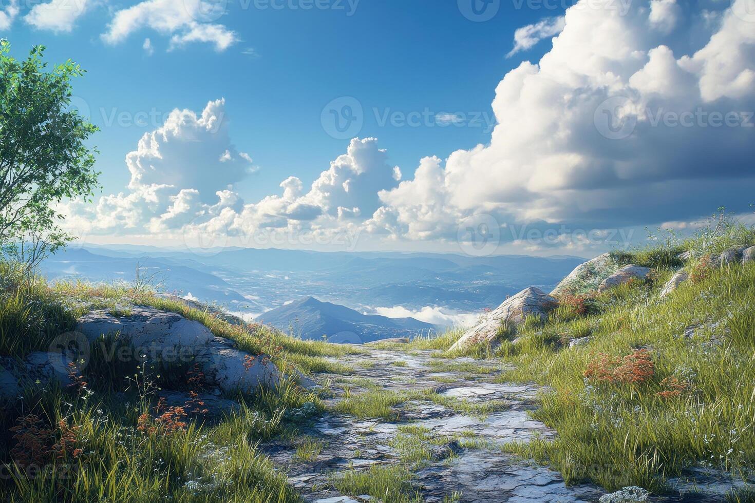 A Stone Path Leading to a Mountain View with a Blue Sky and Fluffy Clouds photo