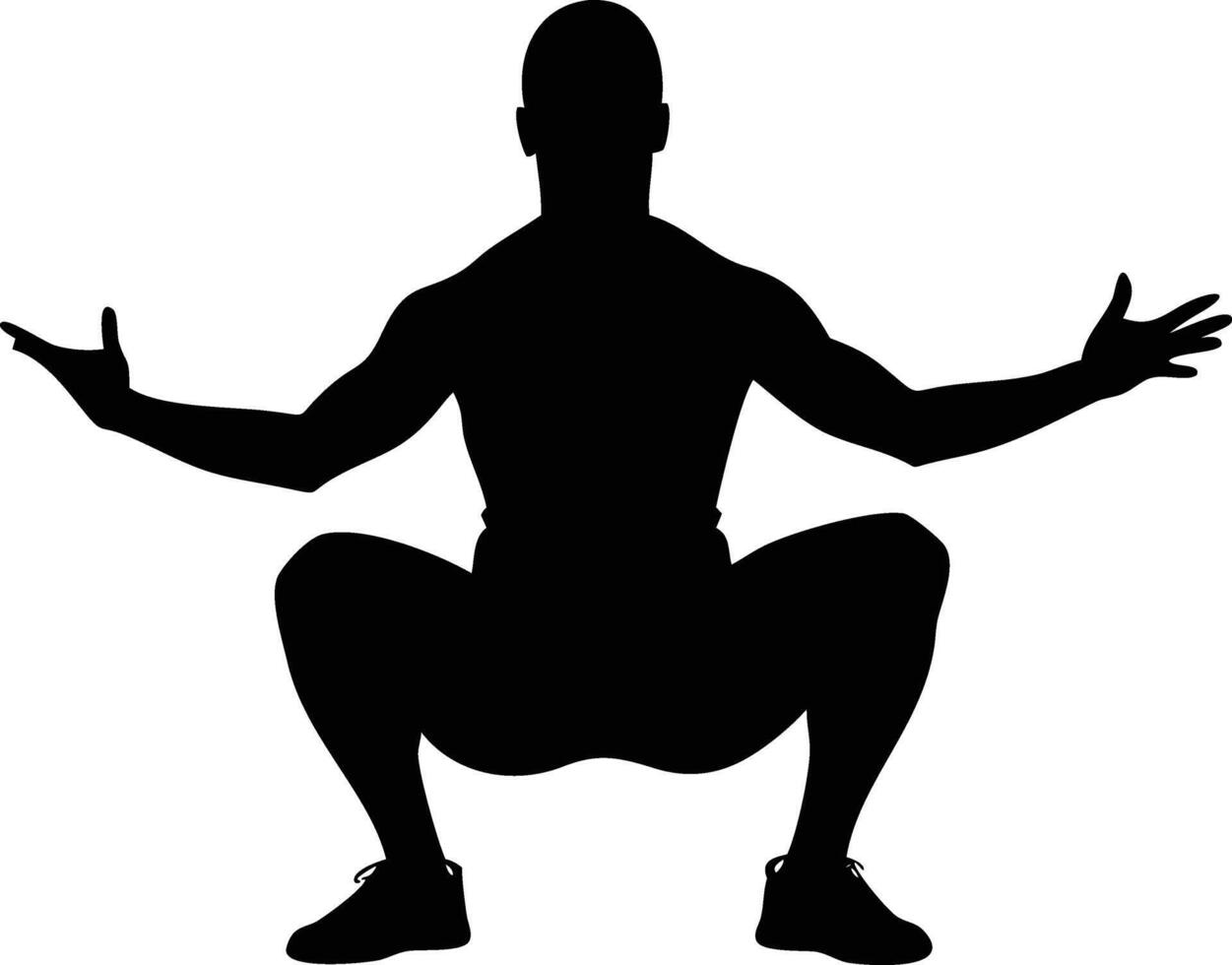 Barefoot Man Silhouette Squatting with Arms Outstretched vector