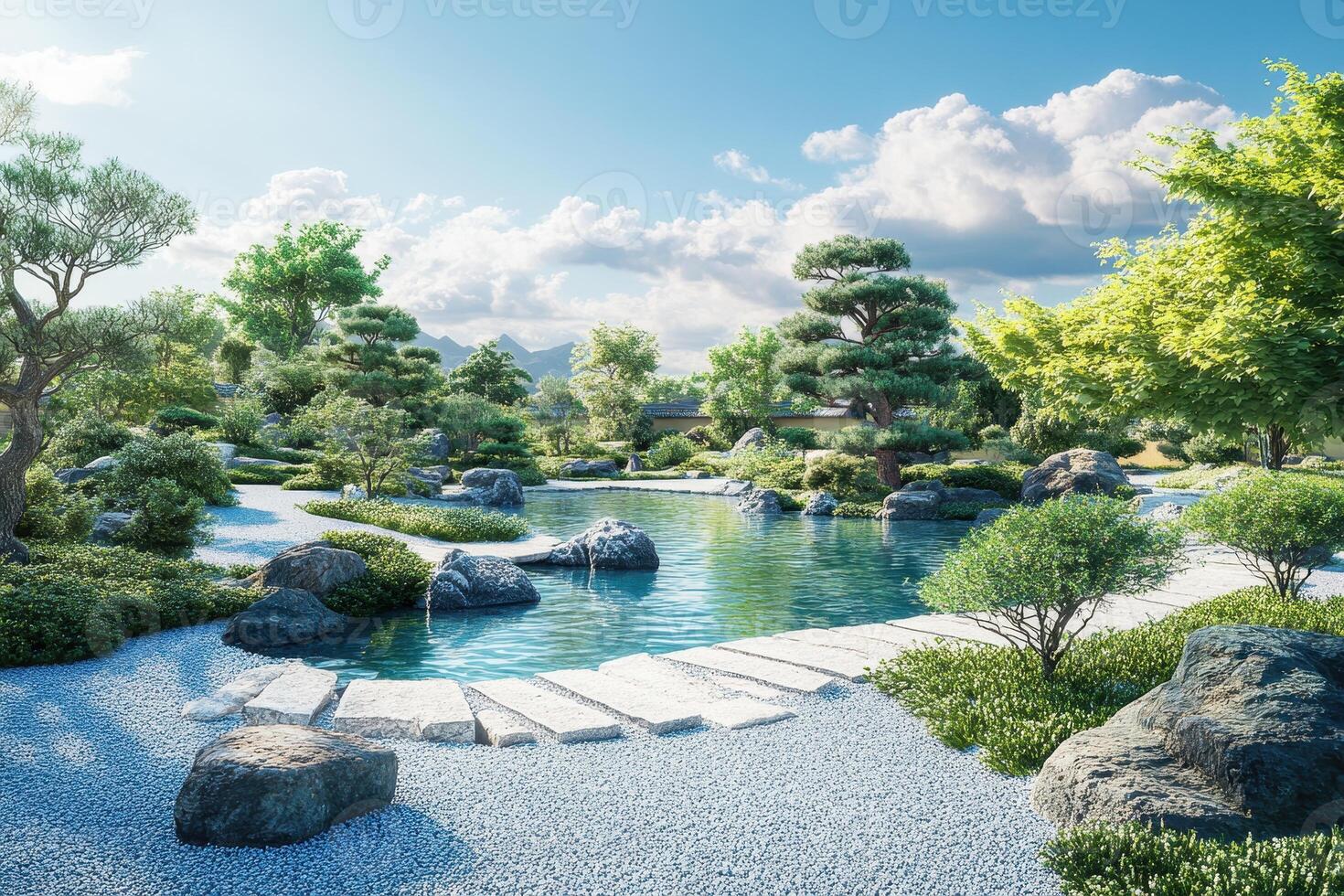 Serene Japanese Garden with Stone Pathway and Pond photo