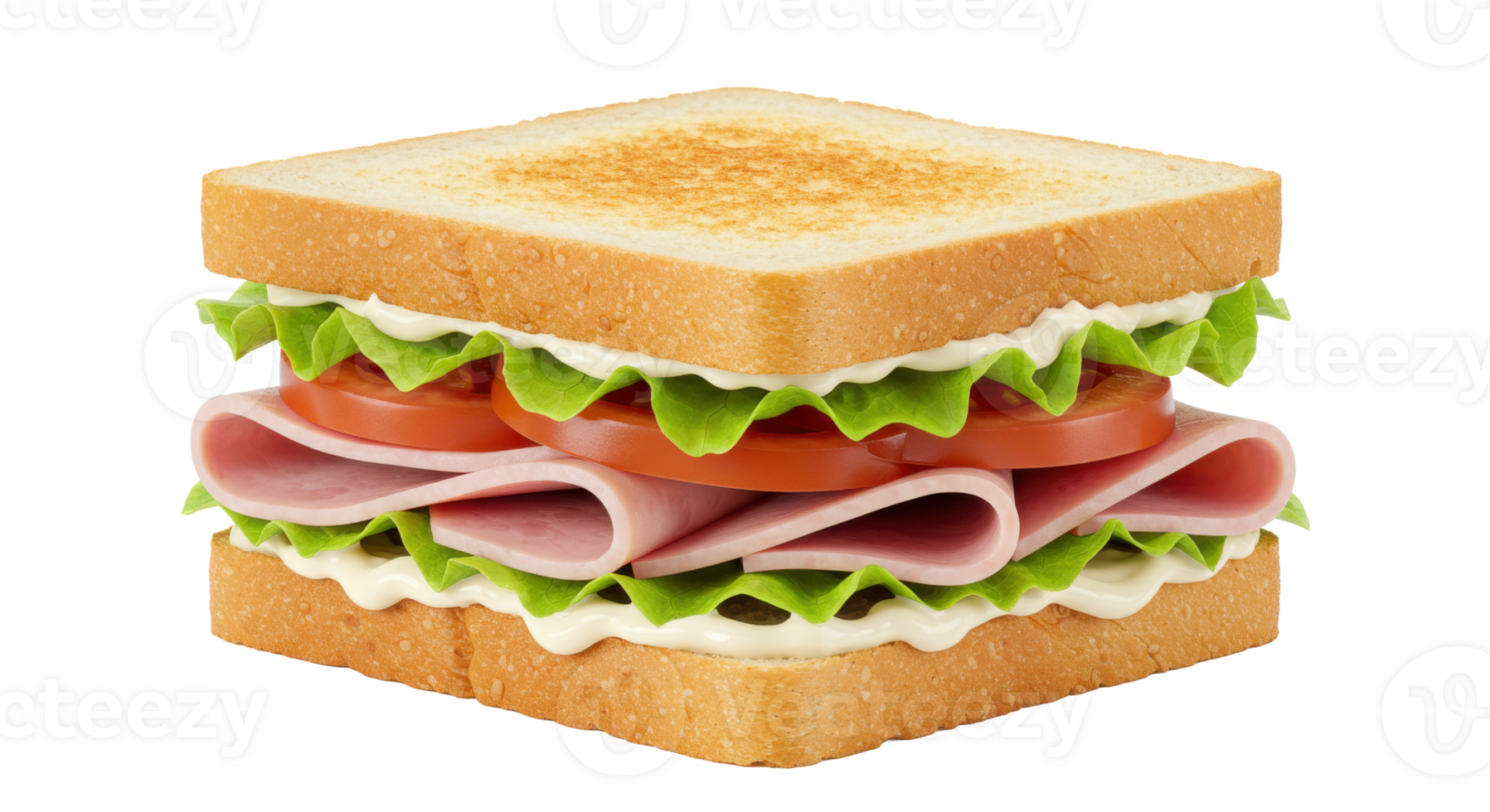 A close up of a sandwich with ham tomato lettuce and mayonnaise on toasted white bread slices png