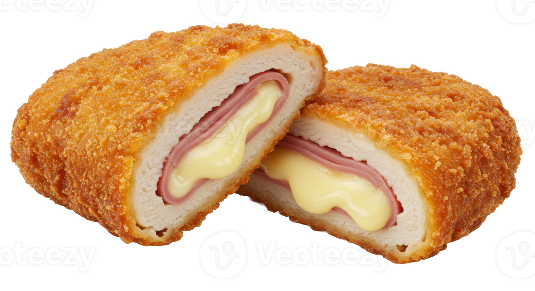 Close up of a cut cordon bleu showing ham and cheese with a crispy breaded exterior sectioned in half png