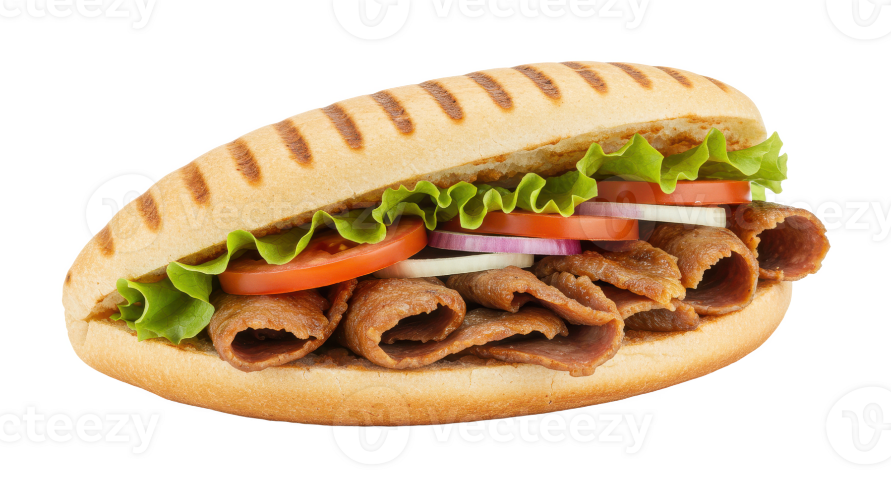 A close up shot of a sandwich filled with meat lettuce tomatoes and onions on a grilled bun png